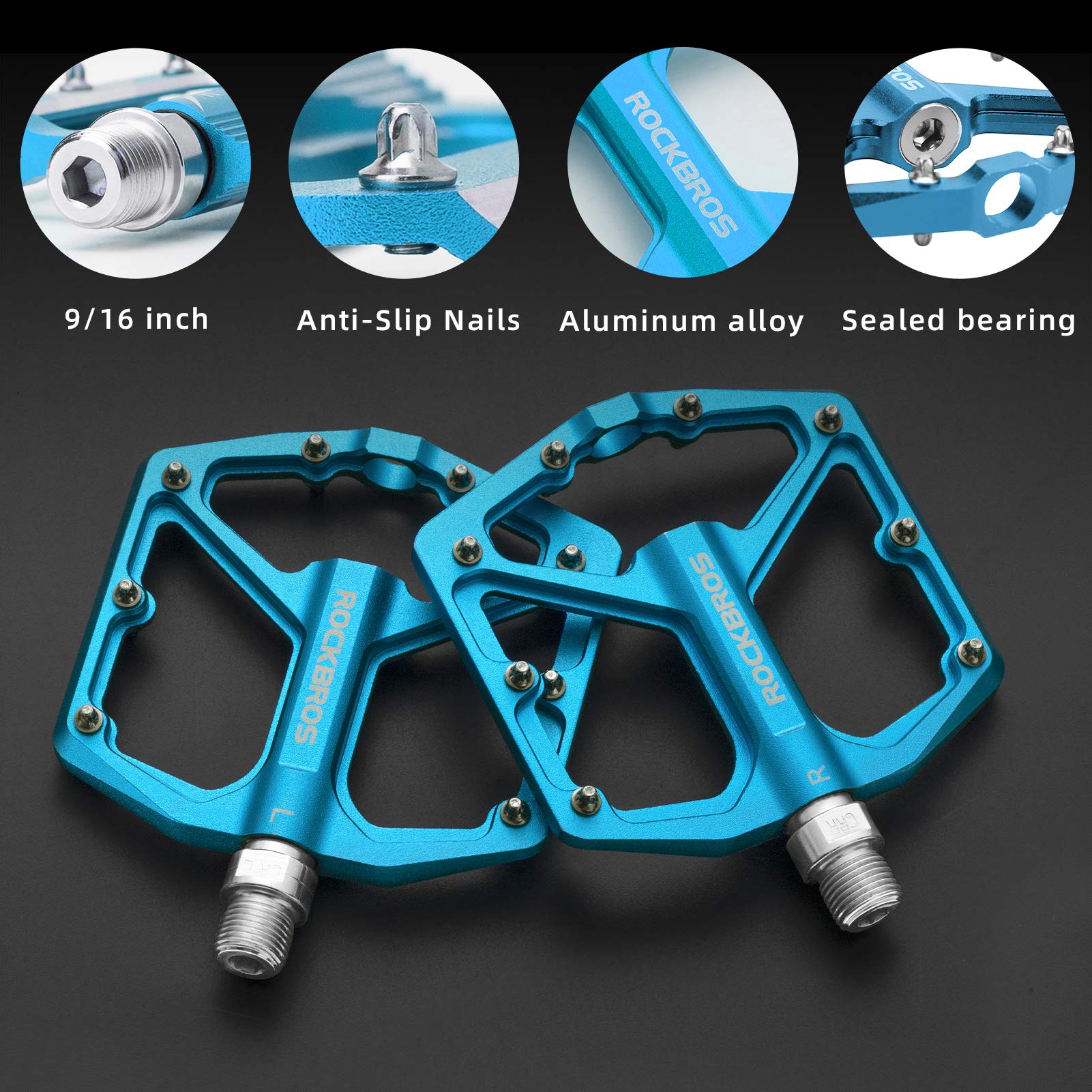 ROCKBROS Bike Pedals Ultra Lightweight Flat Pedals 9/16 Inch (Pair) #Color_Blue