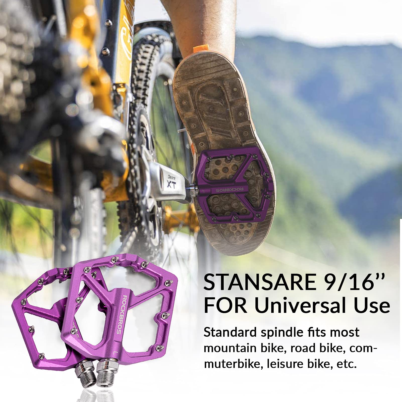 ROCKBROS Bike Pedals Ultra Lightweight Flat Pedals 9/16 Inch (Pair) #Color_Purple