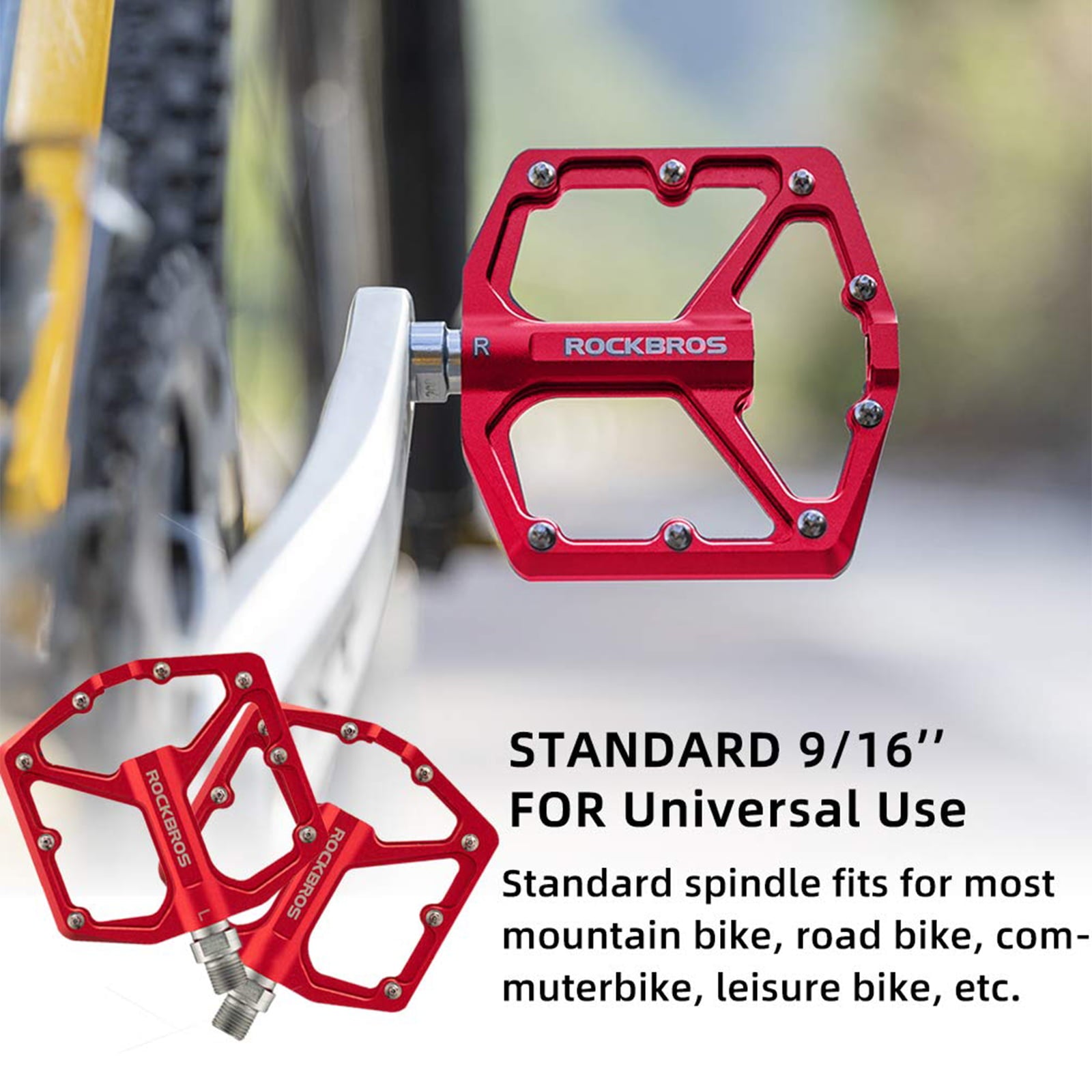 ROCKBROS Bike Pedals Ultra Lightweight Flat Pedals 9/16 Inch (Pair) #Color_Red