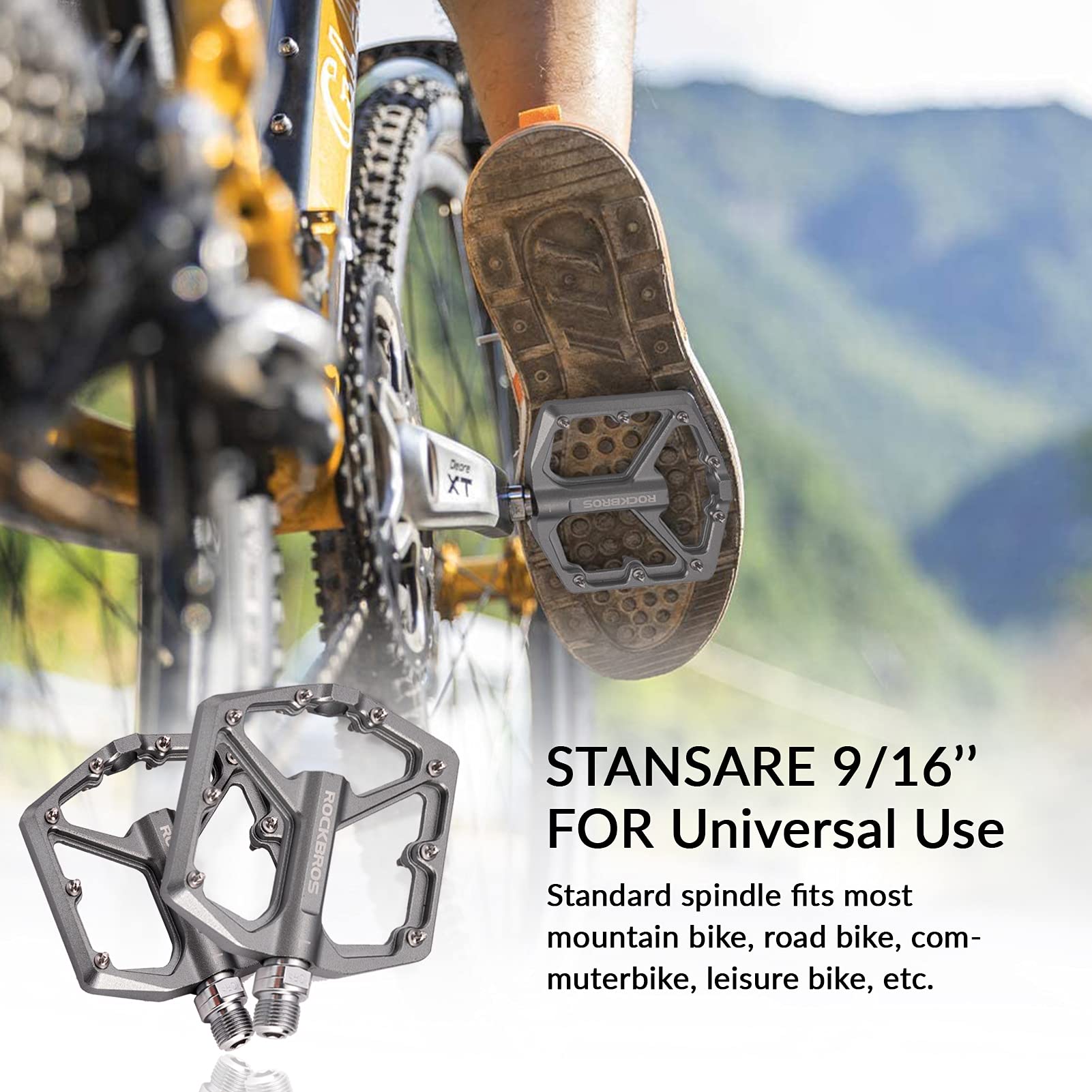 ROCKBROS Bike Pedals Ultra Lightweight Flat Pedals 9/16 Inch (Pair) #Color_Titanium