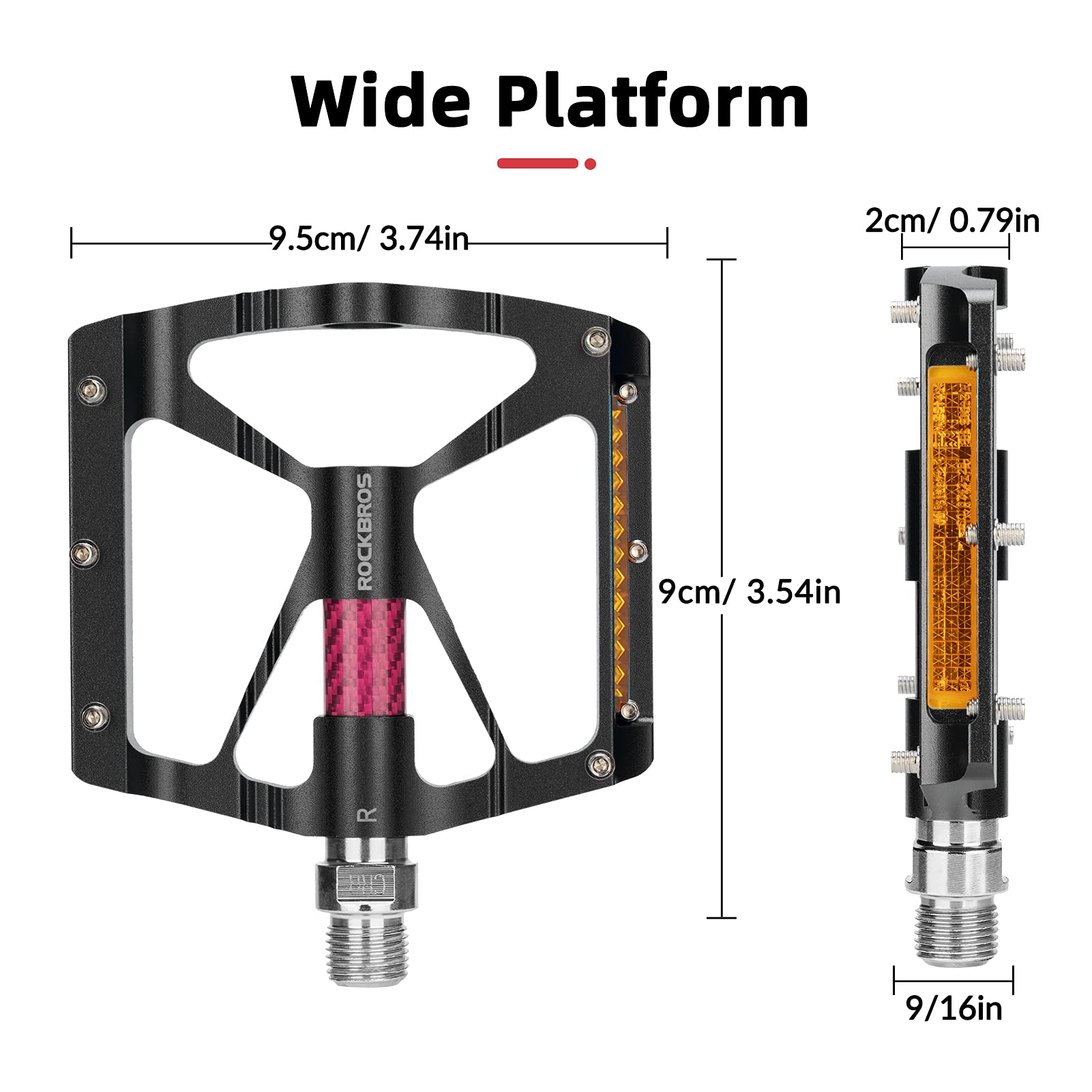 ROCKBROS Bike Pedals With Reflector Aluminum Alloy Flat Pedals (Pair) #Color_Black