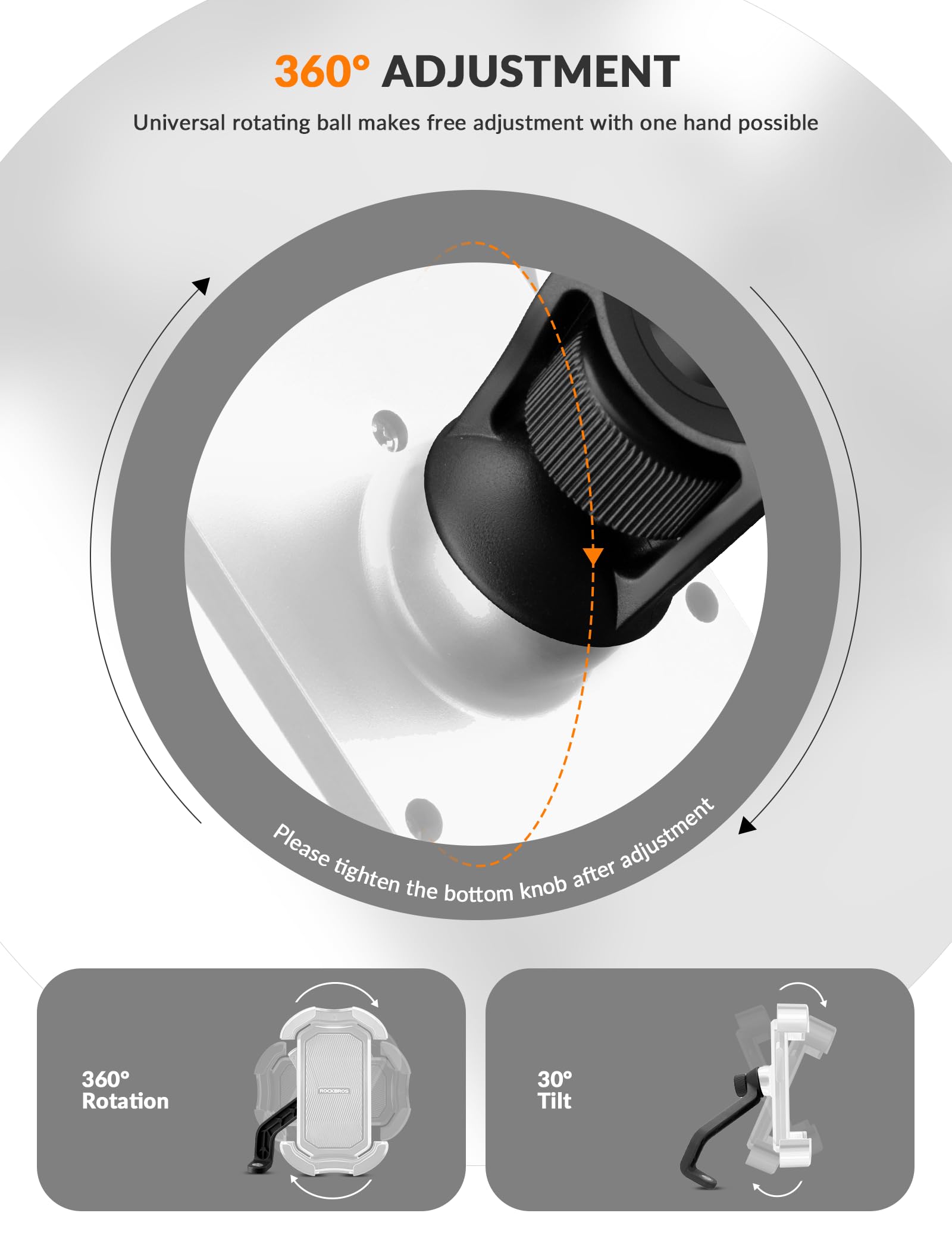 ROCKBROS Bike Phone Mount 360°Rotatable Phone Mount for Bicycle Motorcycle #Style_White (handlebar)