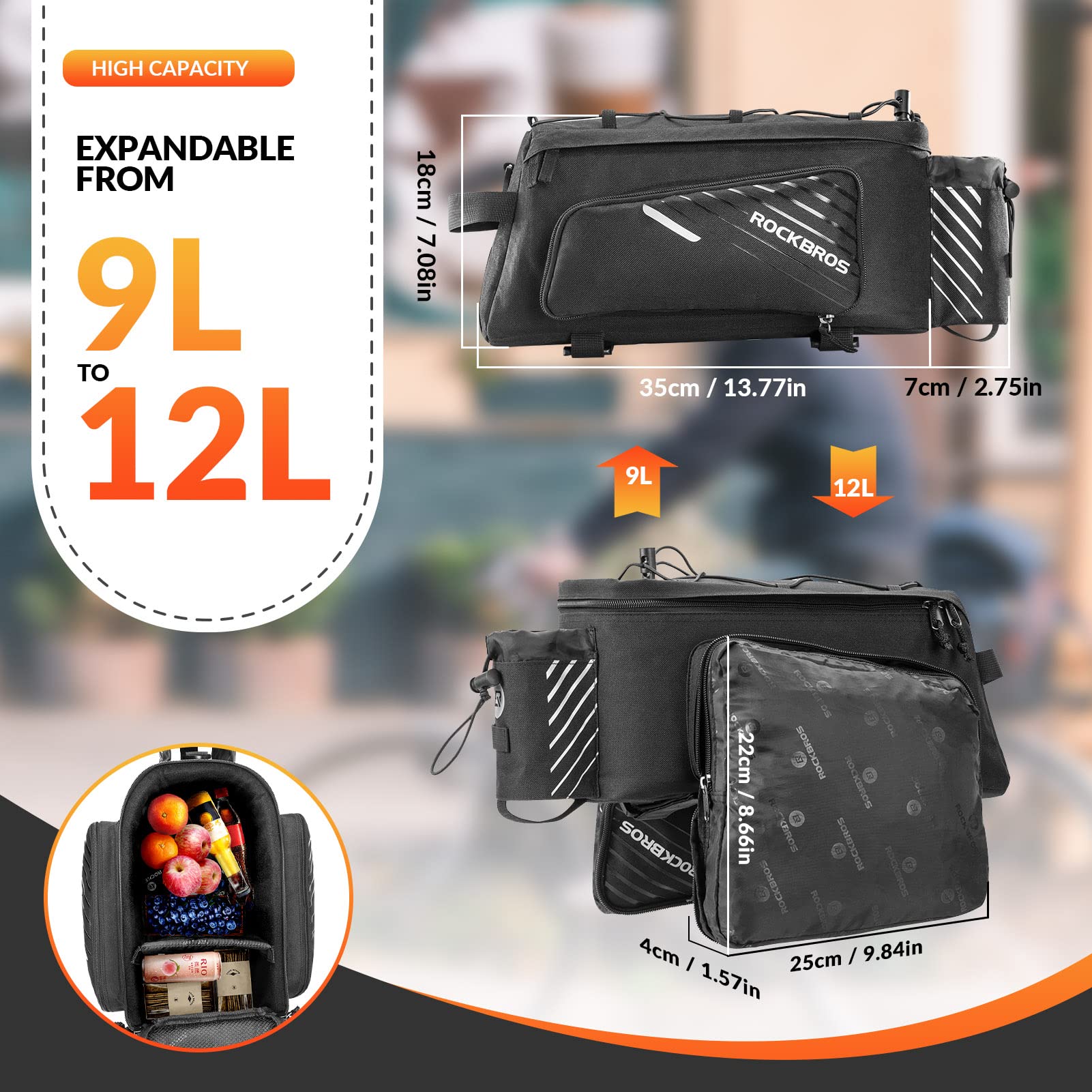 ROCKBROS Bike Rear Rack Bag Large Capacity Trunk Bag with Rain Cover 9-12L