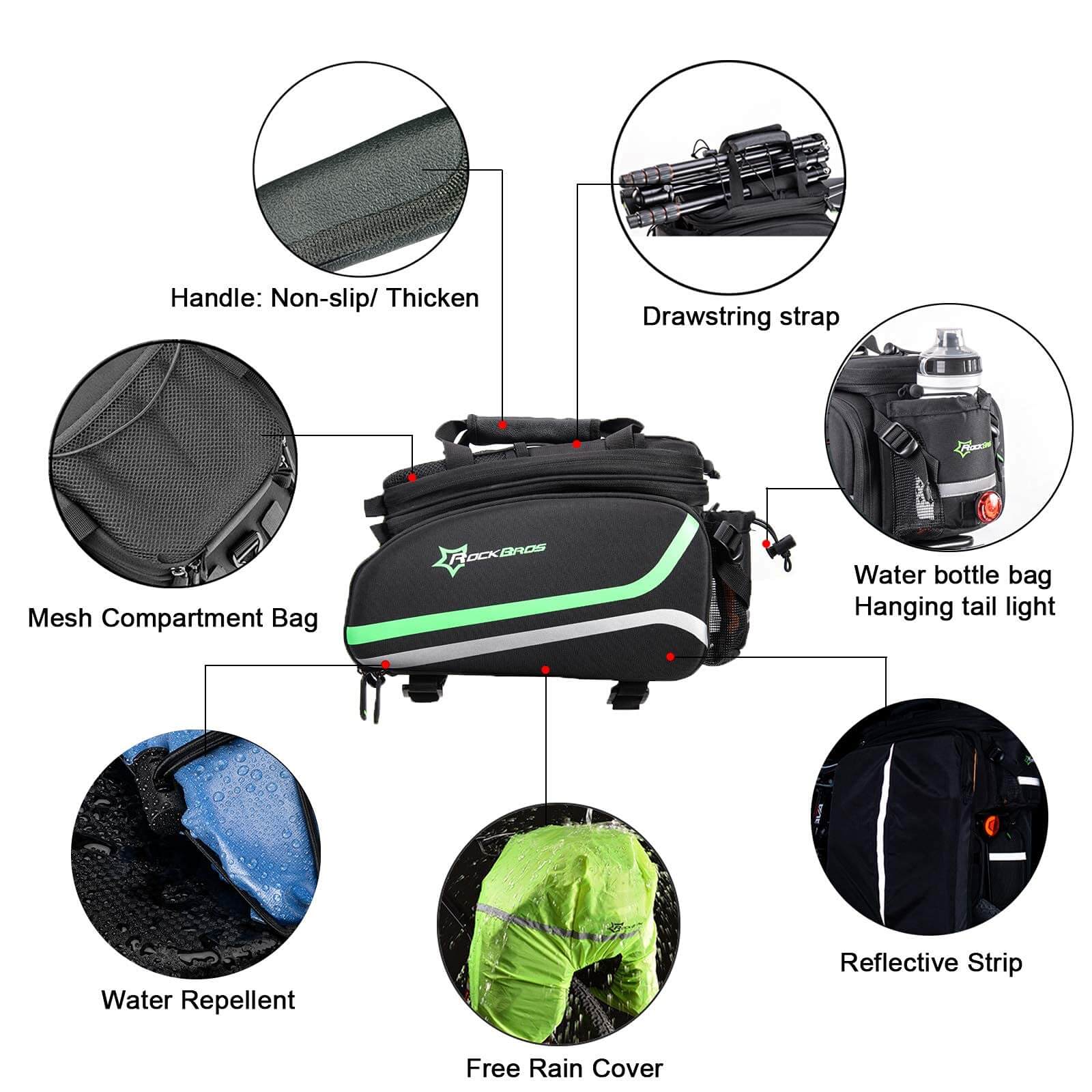 ROCKBROS Bike Rear Rack Pannier Waterproof Bag Bike Trunk Pack #Color_Black Green