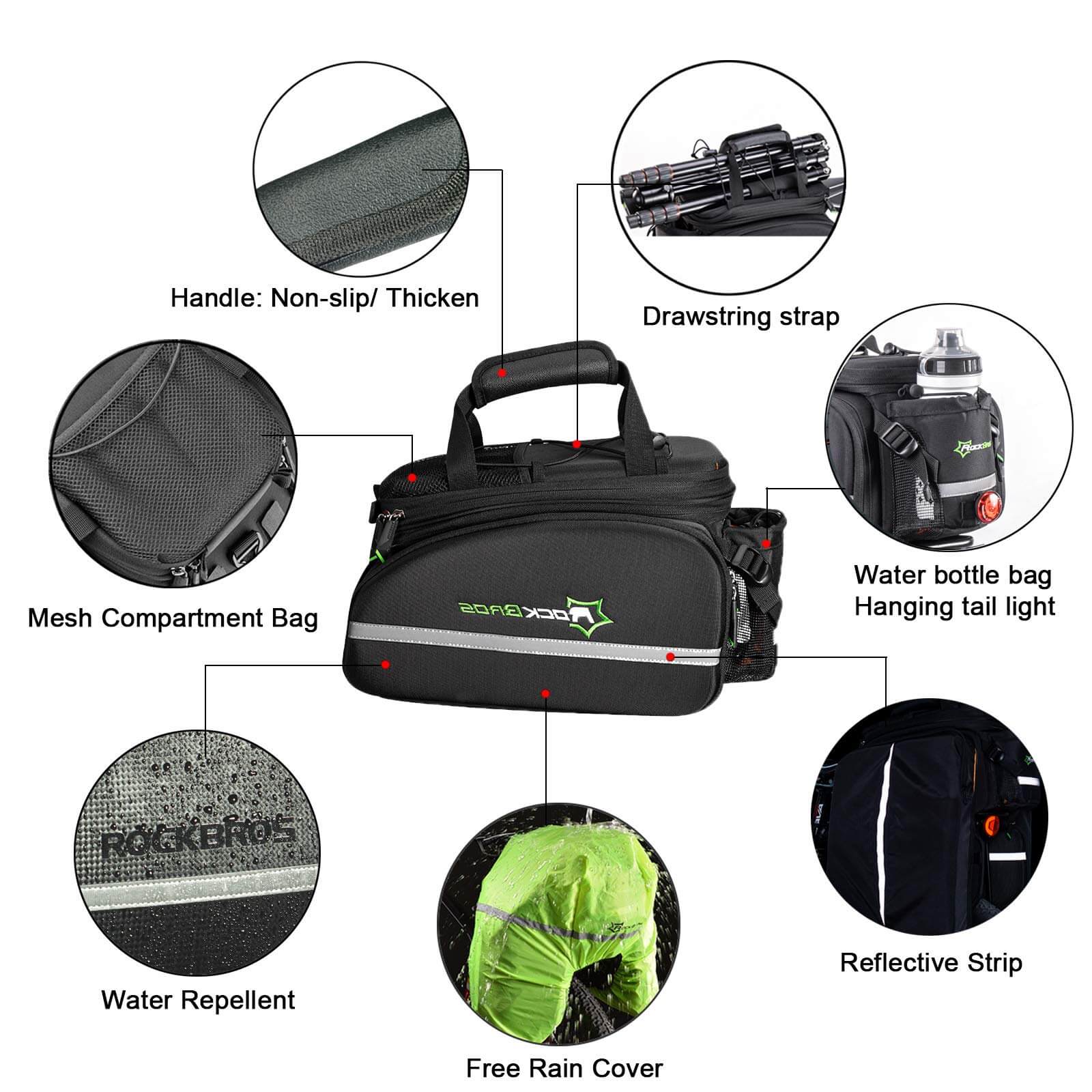 ROCKBROS Bike Rear Rack Pannier Waterproof Bag Bike Trunk Pack #Color_Black