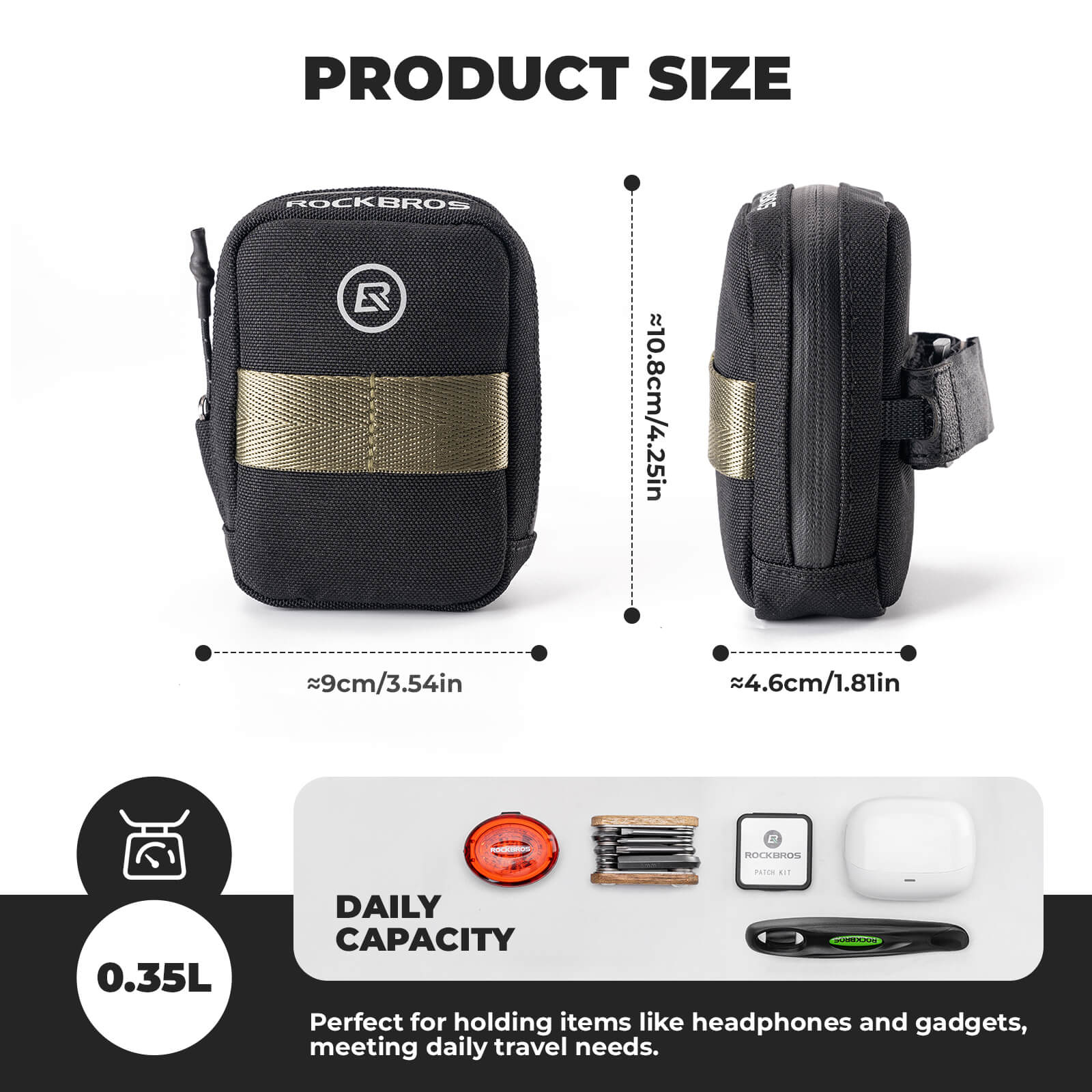 ROCKBROS portable bike saddle bag 0.35L, compact and lightweight under-seat cycling pouch. #Color_Black