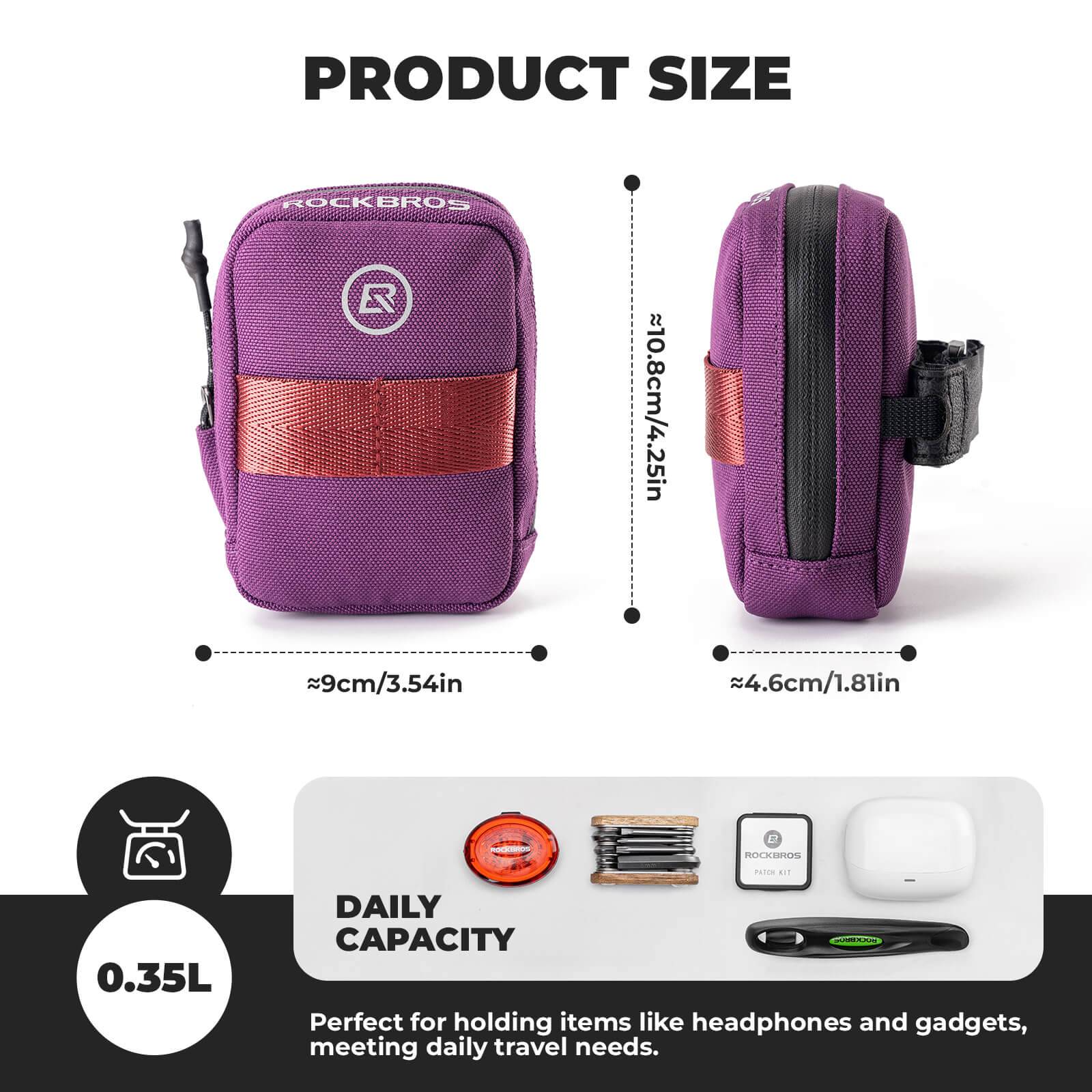 ROCKBROS portable bike saddle bag 0.35L, compact and lightweight under-seat cycling pouch. #Color_Purple