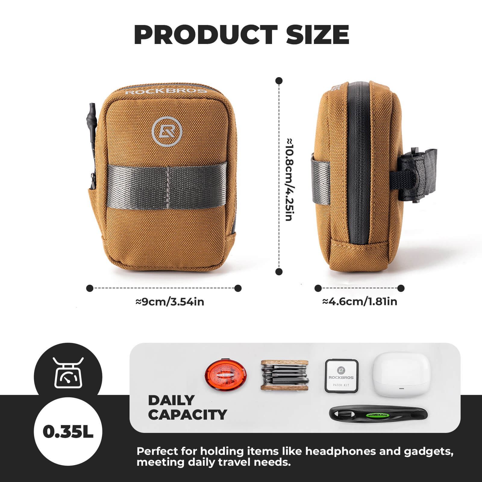 ROCKBROS portable bike saddle bag 0.35L, compact and lightweight under-seat cycling pouch. #Color_Brown