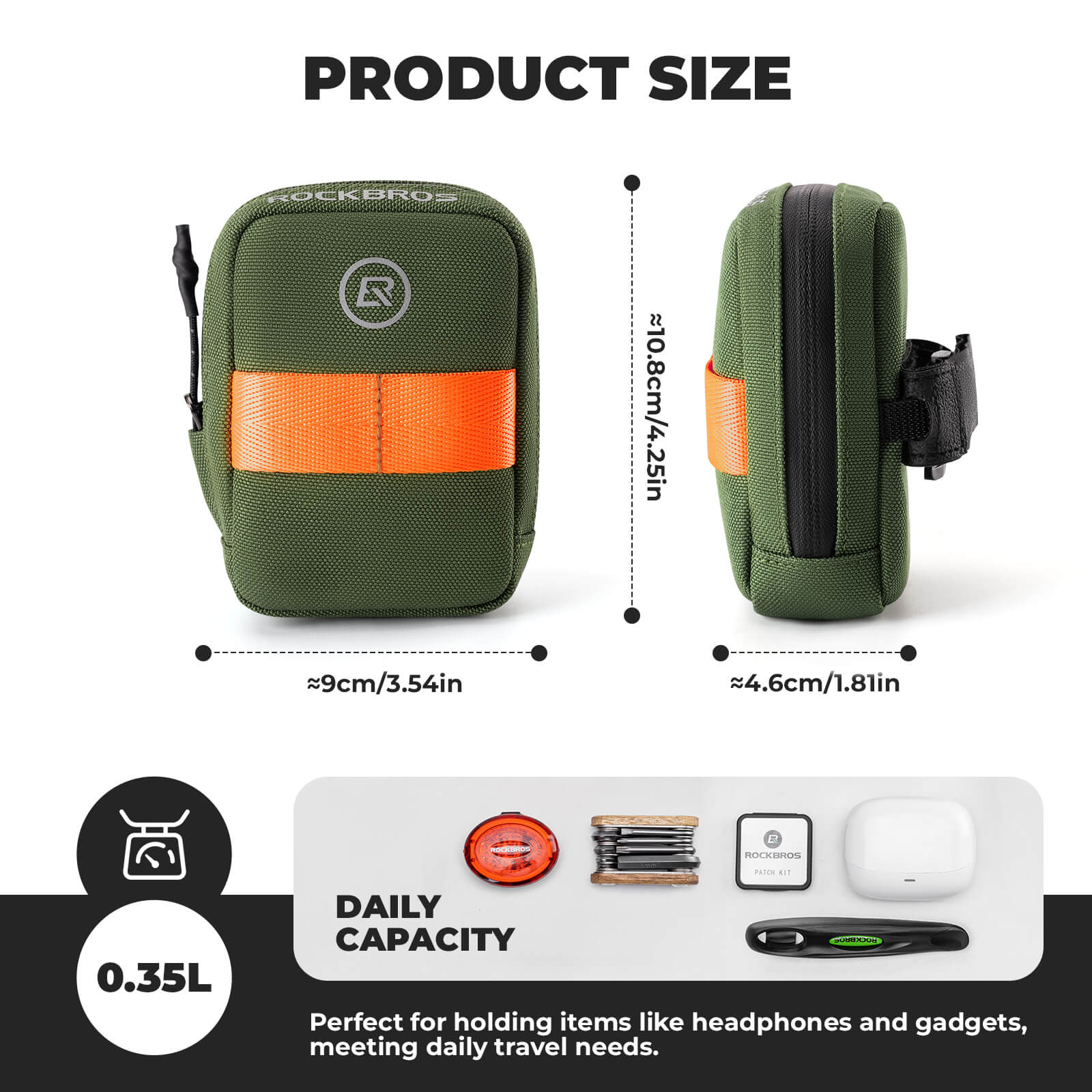 ROCKBROS portable bike saddle bag 0.35L, compact and lightweight under-seat cycling pouch. #Color_Army Green