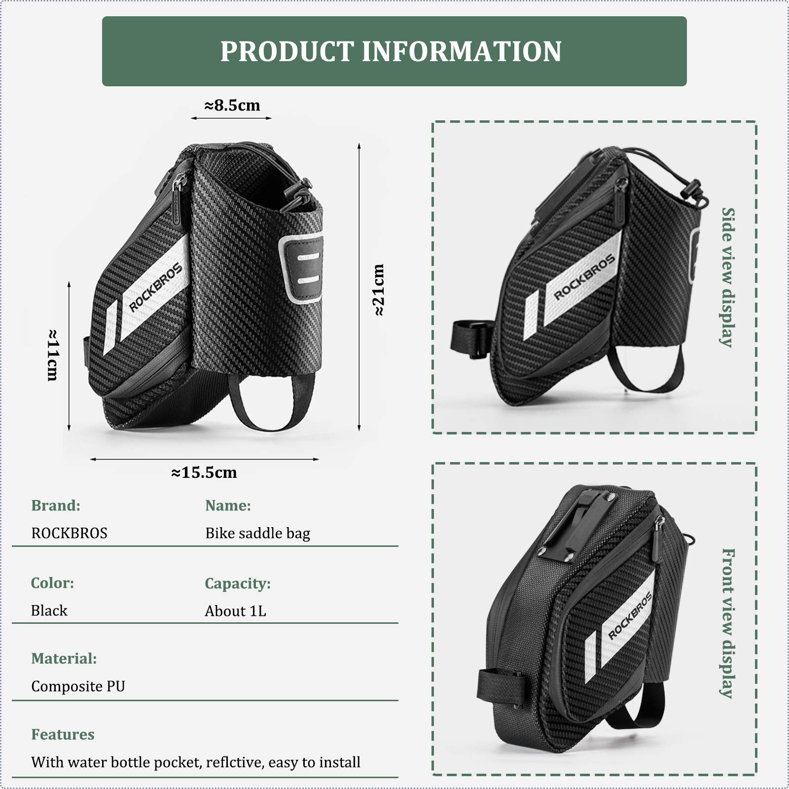 ROCKBROS Bike Saddle Bag Waterproof with Water Bottle Pocket Quick Release