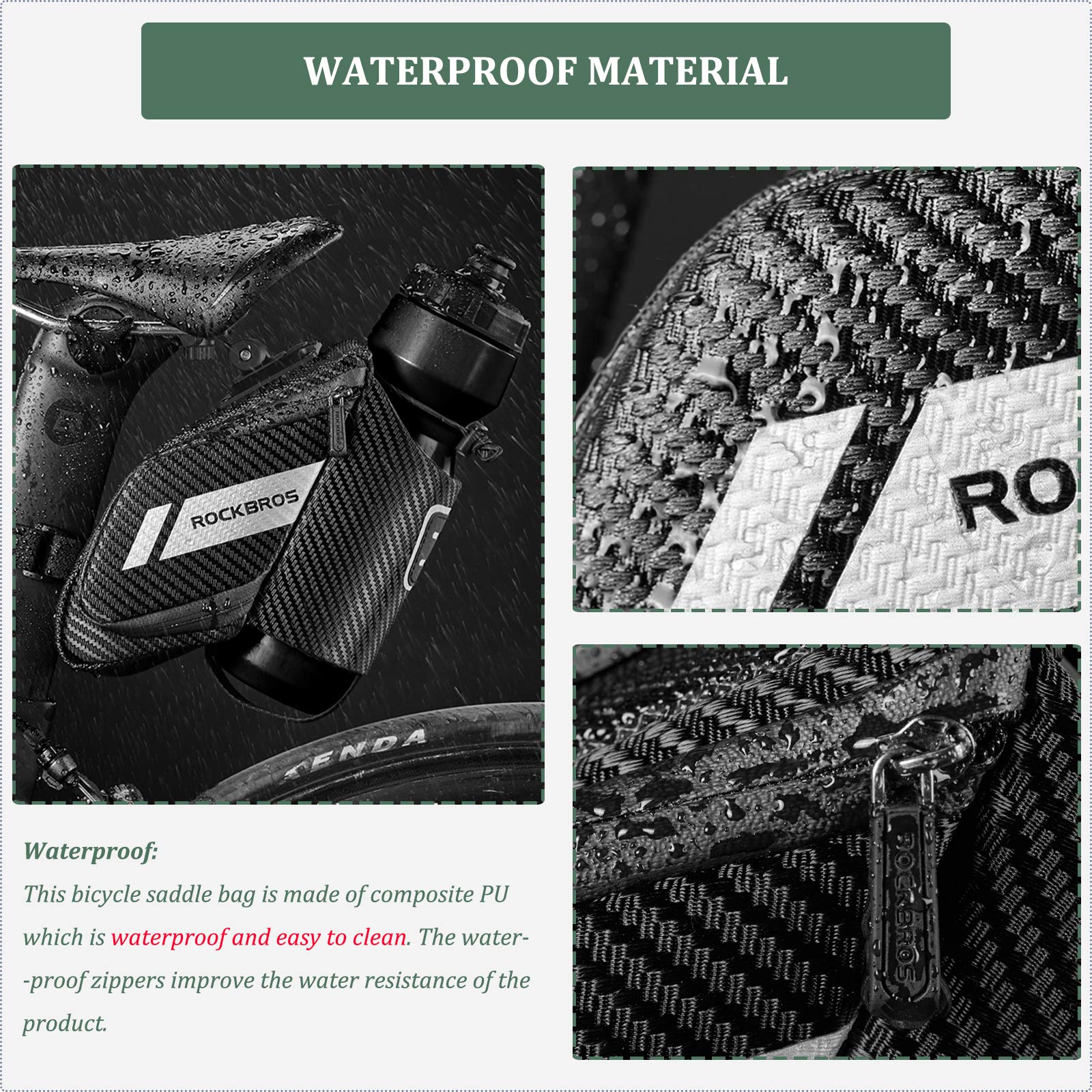 ROCKBROS Bike Saddle Bag Waterproof with Water Bottle Pocket Quick Release