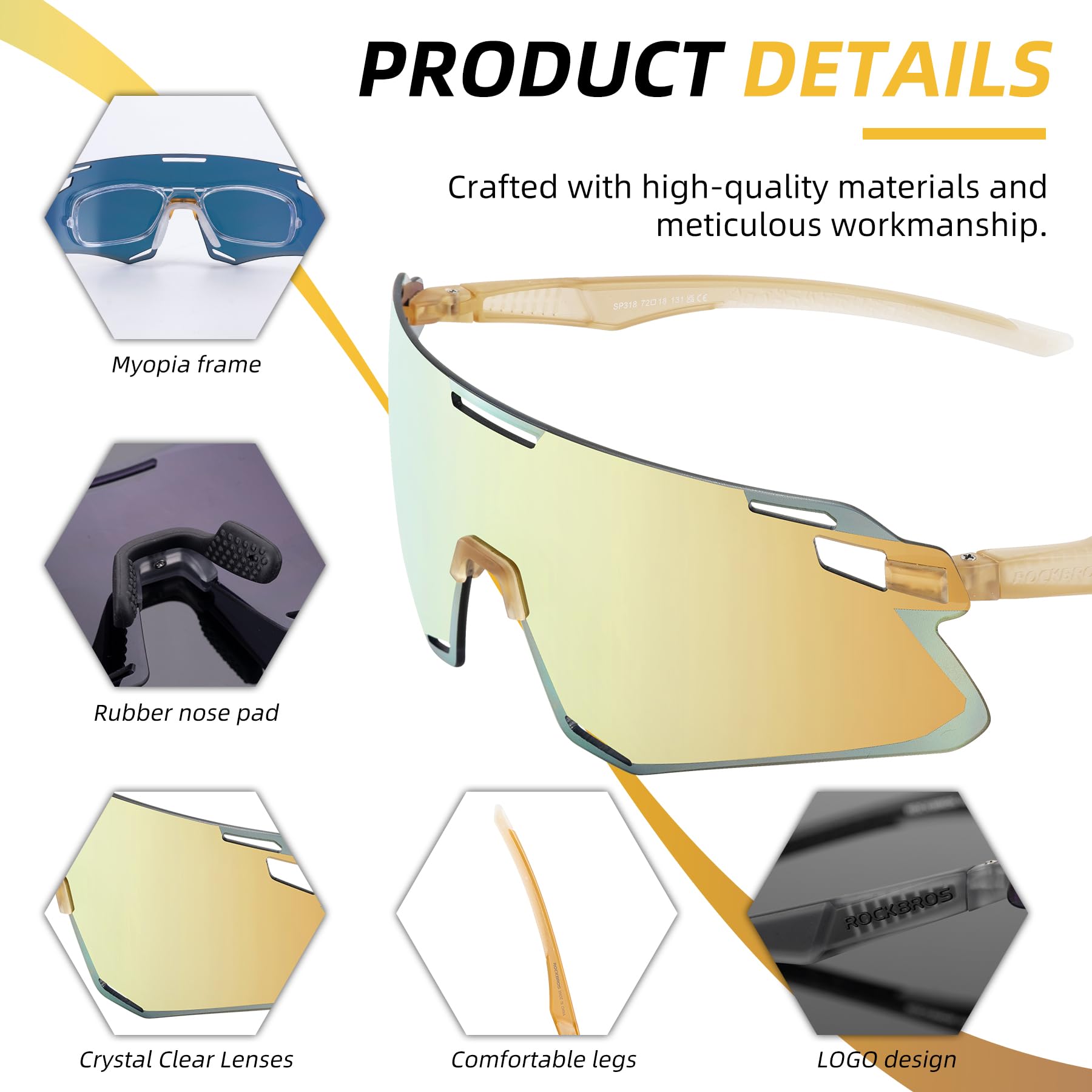 ROCKBROS SP318 frameless cycling sunglasses with UV400 protection, lightweight and aerodynamic design. #Color_Amber Orange