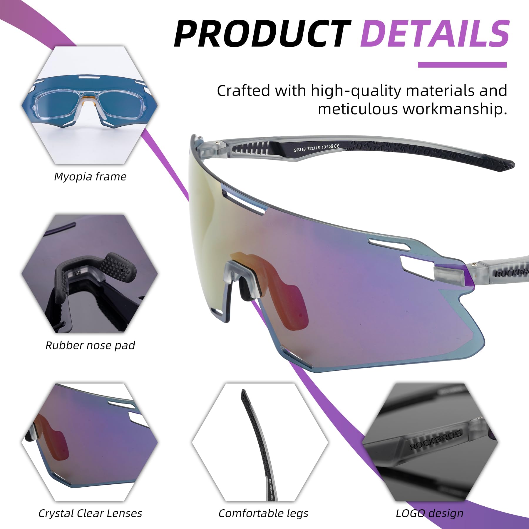 ROCKBROS SP318 frameless cycling sunglasses with UV400 protection, lightweight and aerodynamic design. #Color_Purple