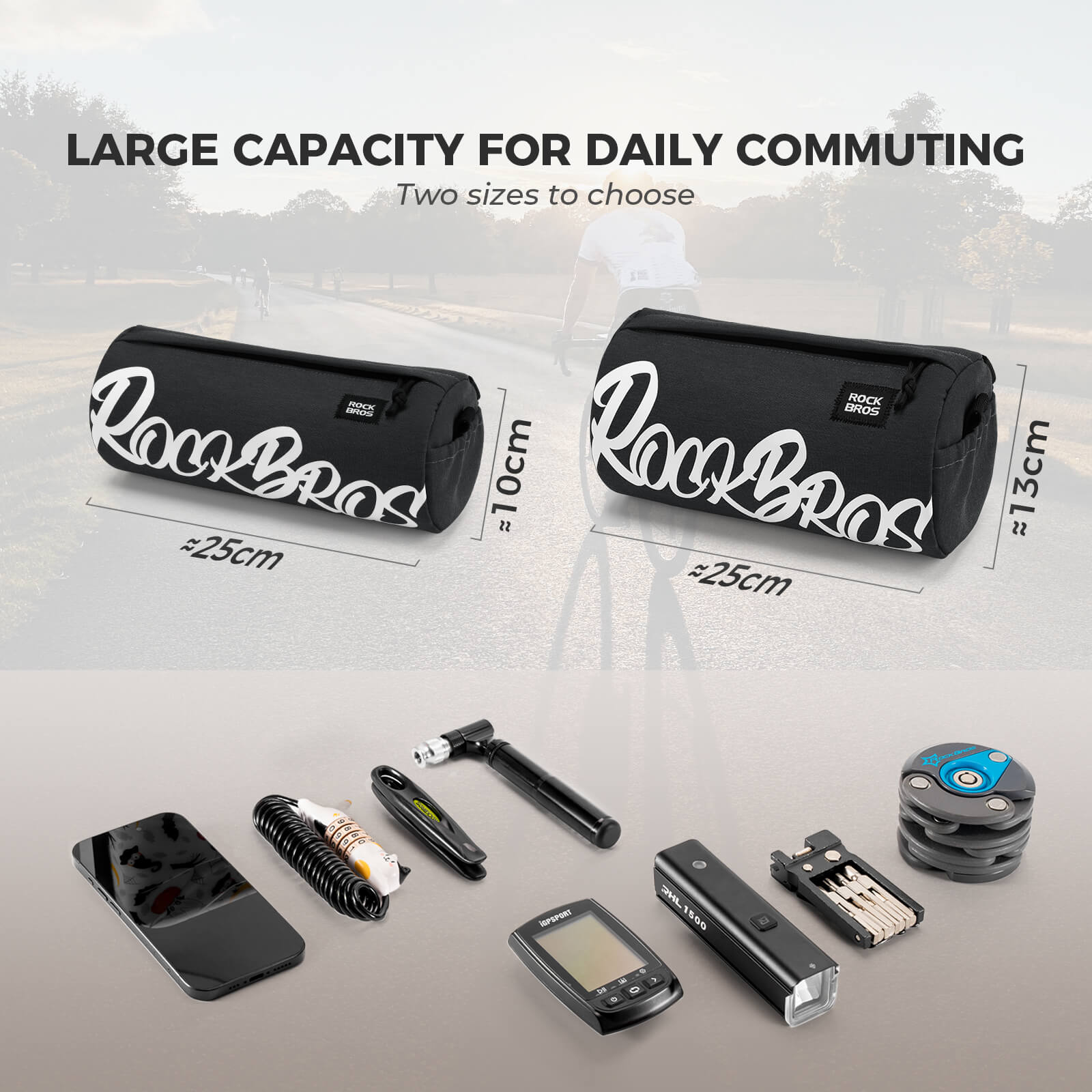 ROCKBROS cylindrical bike handlebar bag, waterproof, durable, versatile storage bag for cycling adventures.
