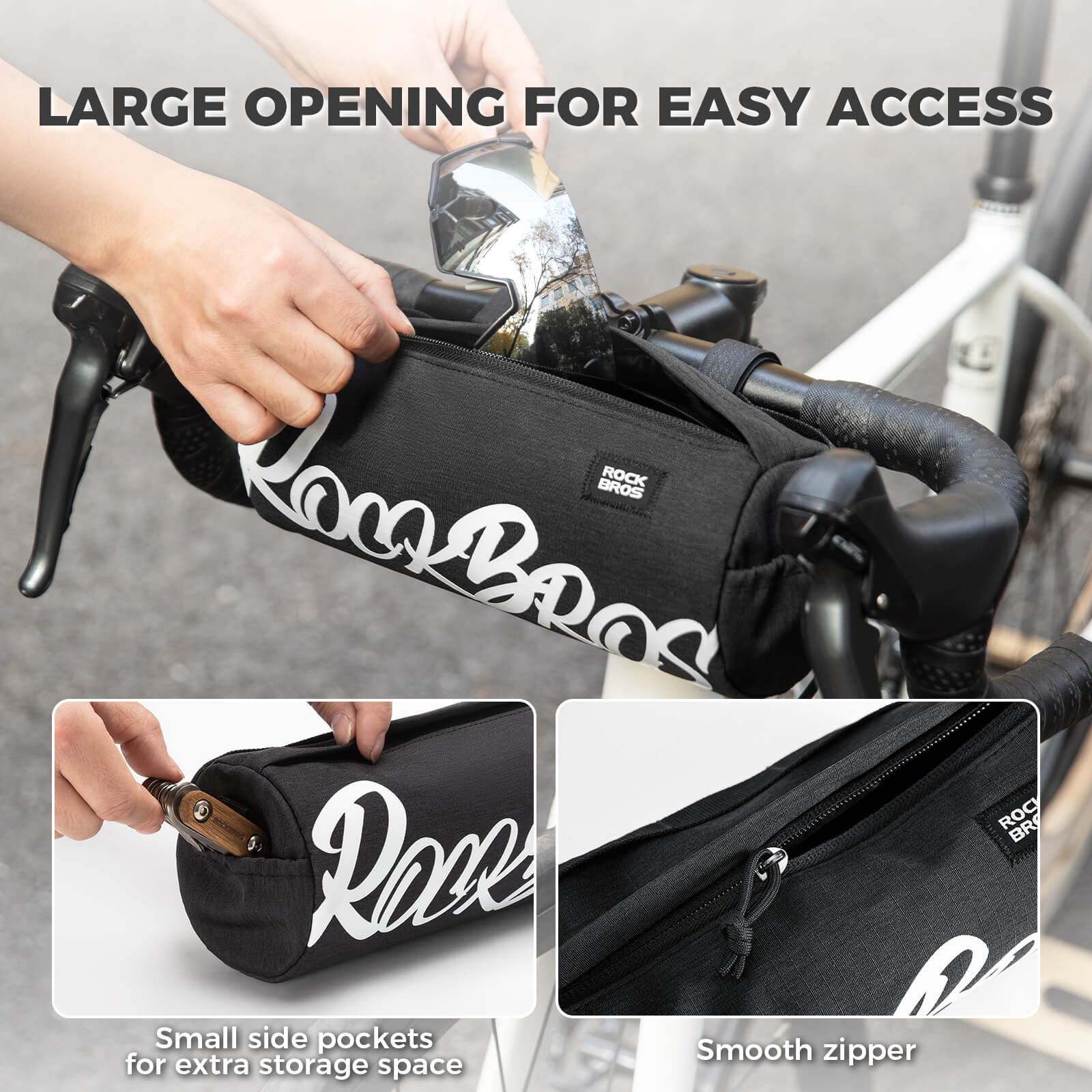 ROCKBROS cylindrical bike handlebar bag, waterproof, durable, versatile storage bag for cycling adventures.