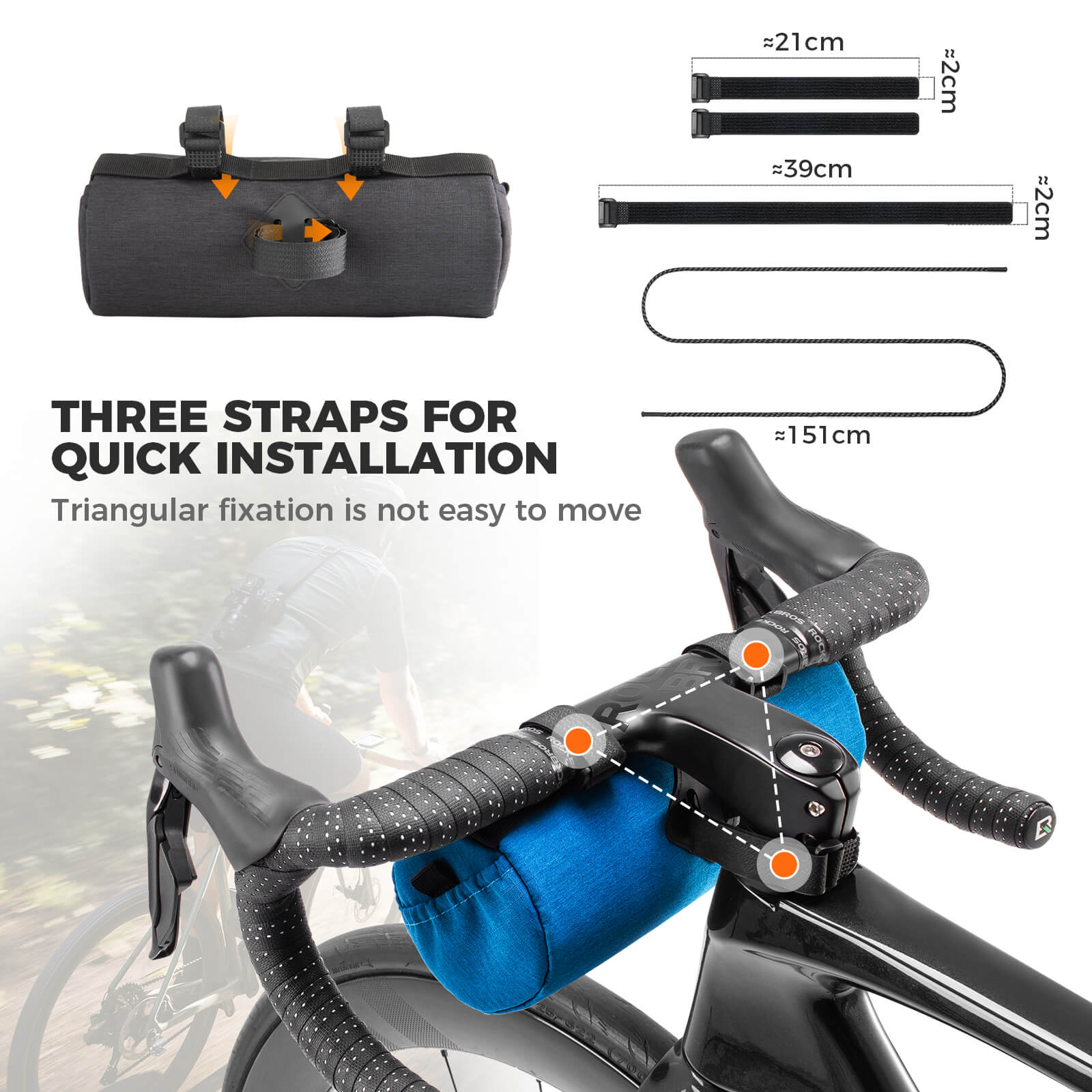 ROCKBROS cylindrical bike handlebar bag, waterproof, durable, versatile storage bag for cycling adventures.