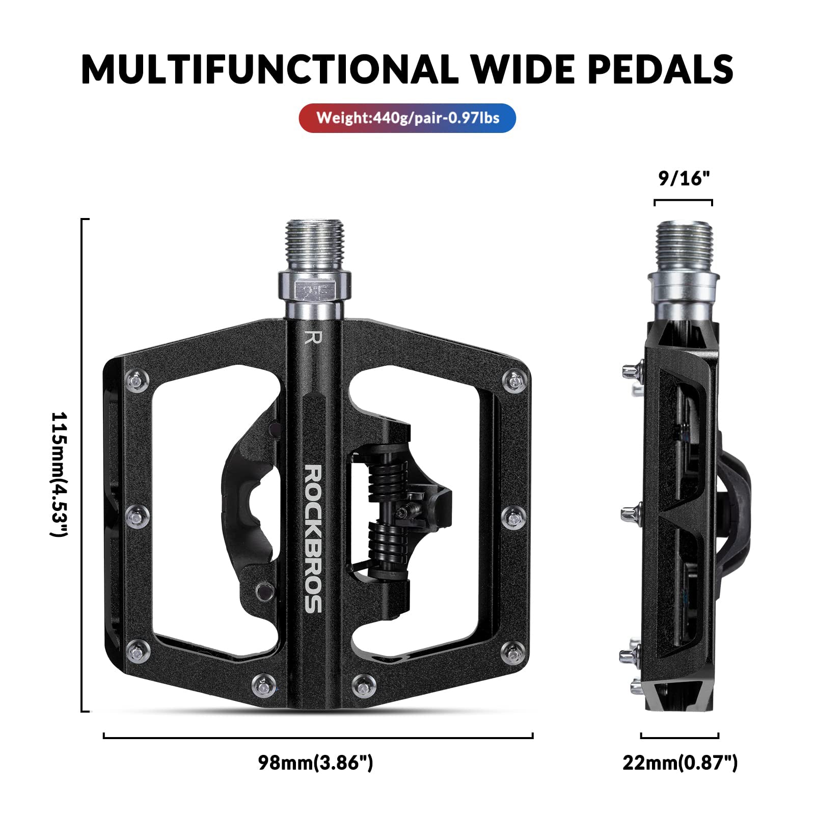 ROCKBROS Dual Functionality Bike Pedals Clipless Flat Bike Pedals (Pair) #Color_Black