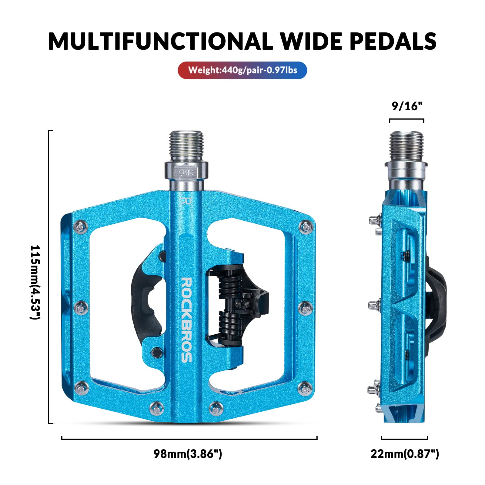 ROCKBROS Dual Functionality Bike Pedals Clipless Flat Bike Pedals (Pair) #Color_Blue