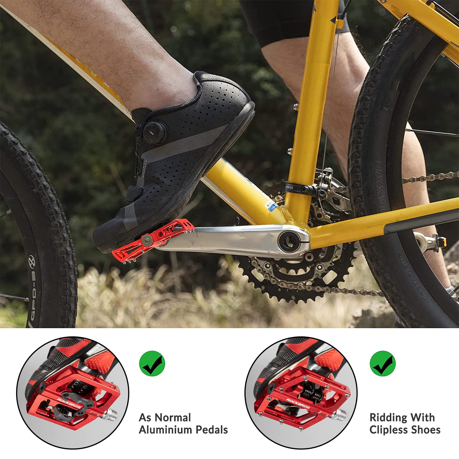 ROCKBROS Dual Functionality Bike Pedals Clipless Flat Bike Pedals (Pair) #Color_Red