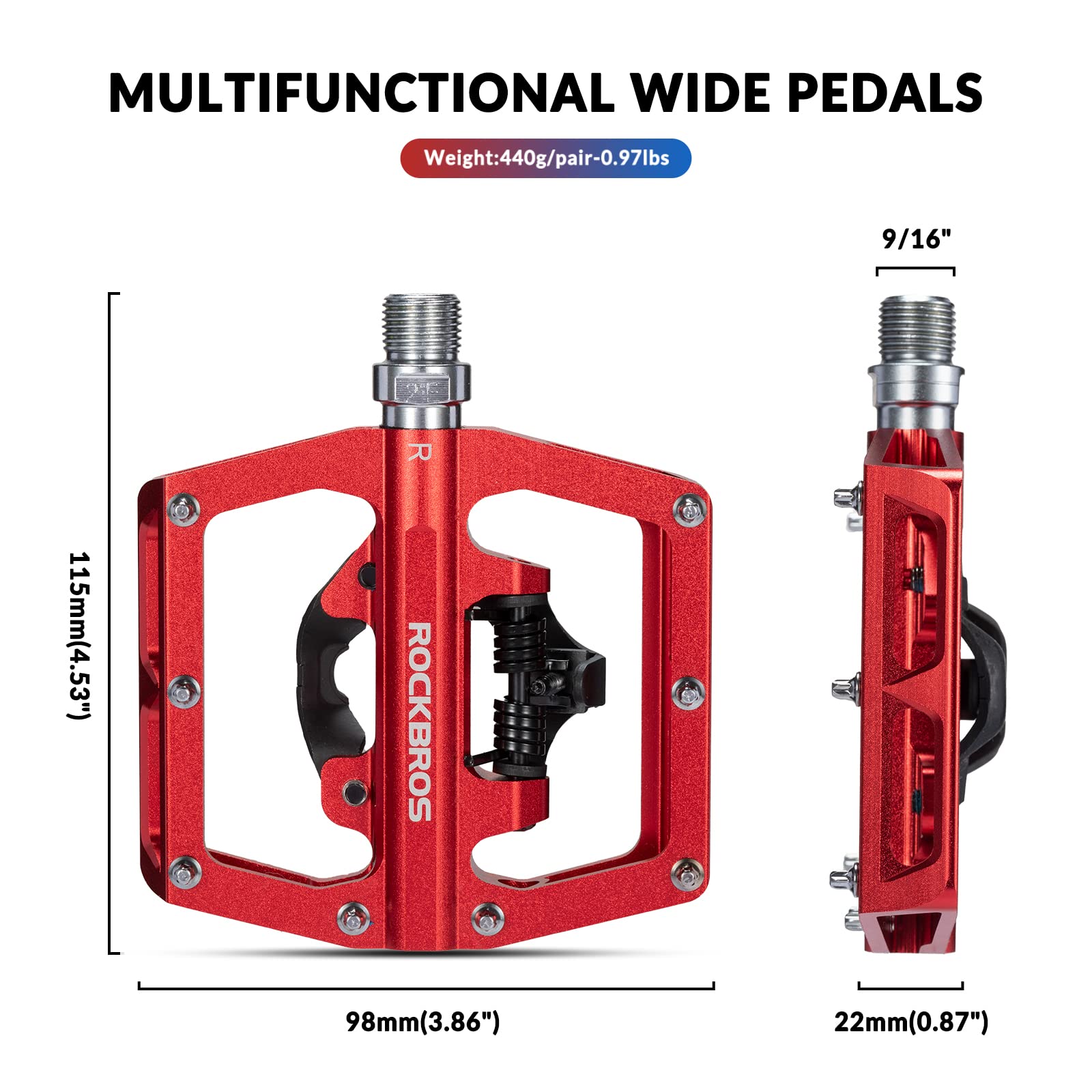 ROCKBROS Dual Functionality Bike Pedals Clipless Flat Bike Pedals (Pair) #Color_Red