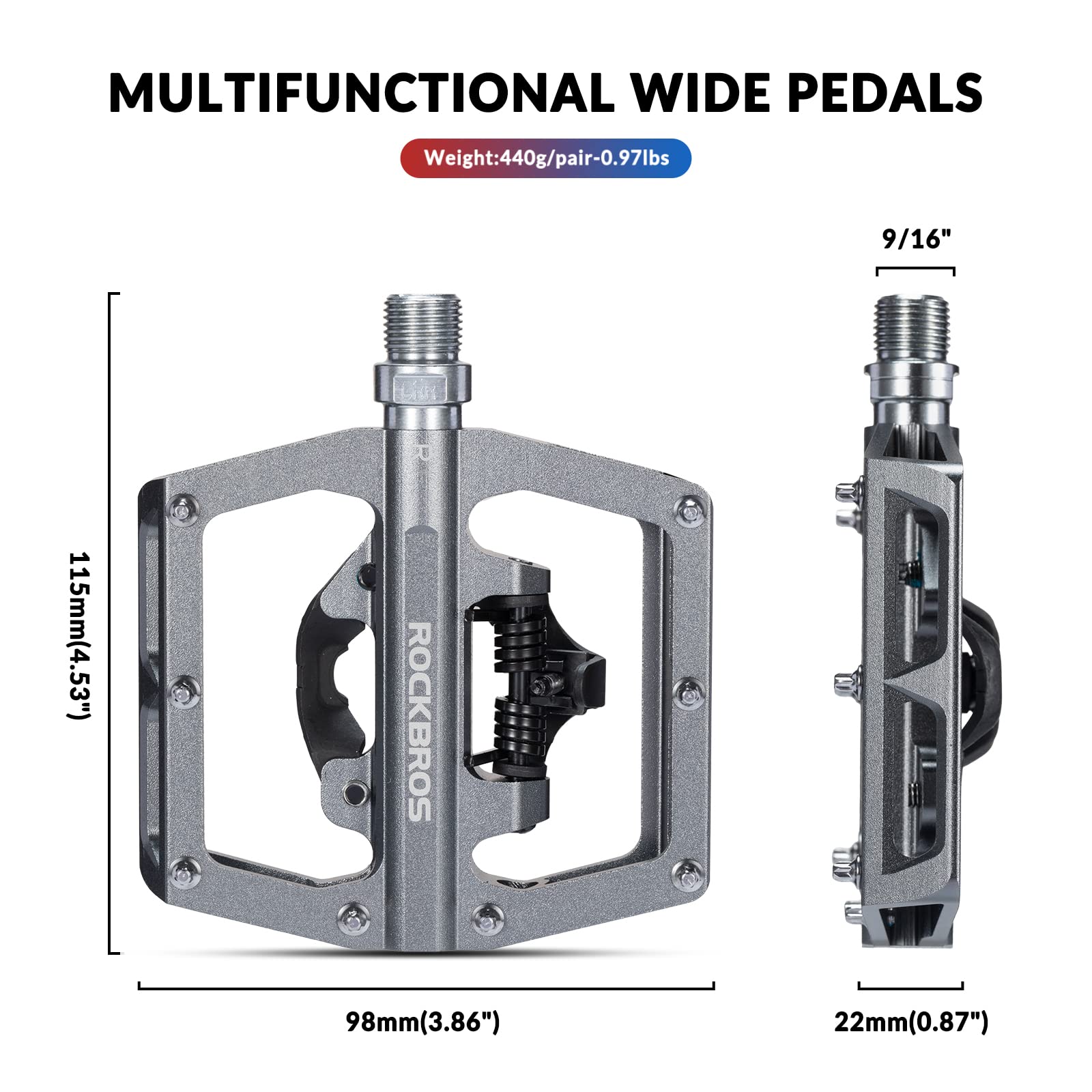 ROCKBROS Dual Functionality Bike Pedals Clipless Flat Bike Pedals (Pair) #Color_Titanium