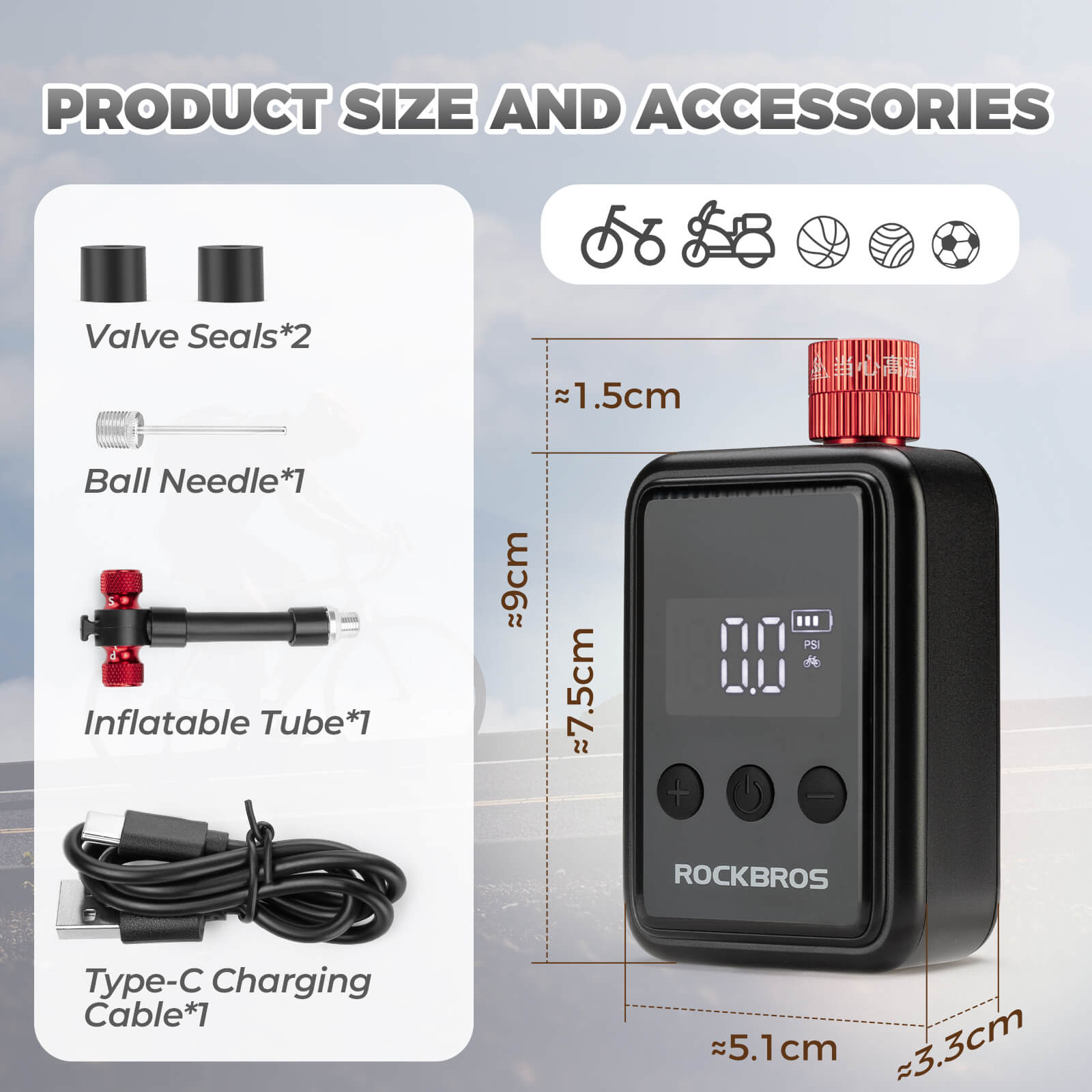 ROCKBROS electric bicycle pump, portable mini air pump with LED display, high-pressure inflation for cycling and outdoor use.