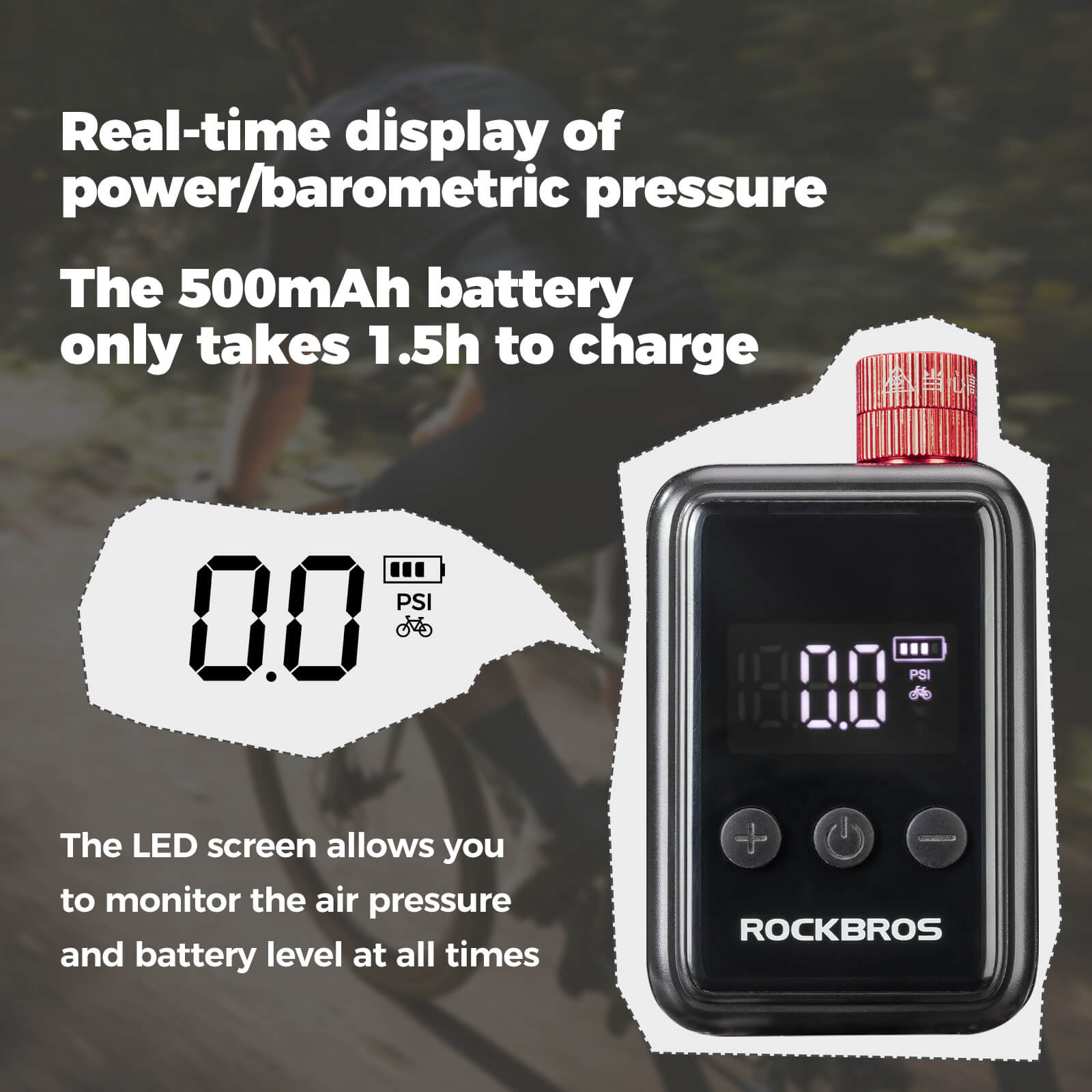 ROCKBROS electric bicycle pump, portable mini air pump with LED display, high-pressure inflation for cycling and outdoor use.