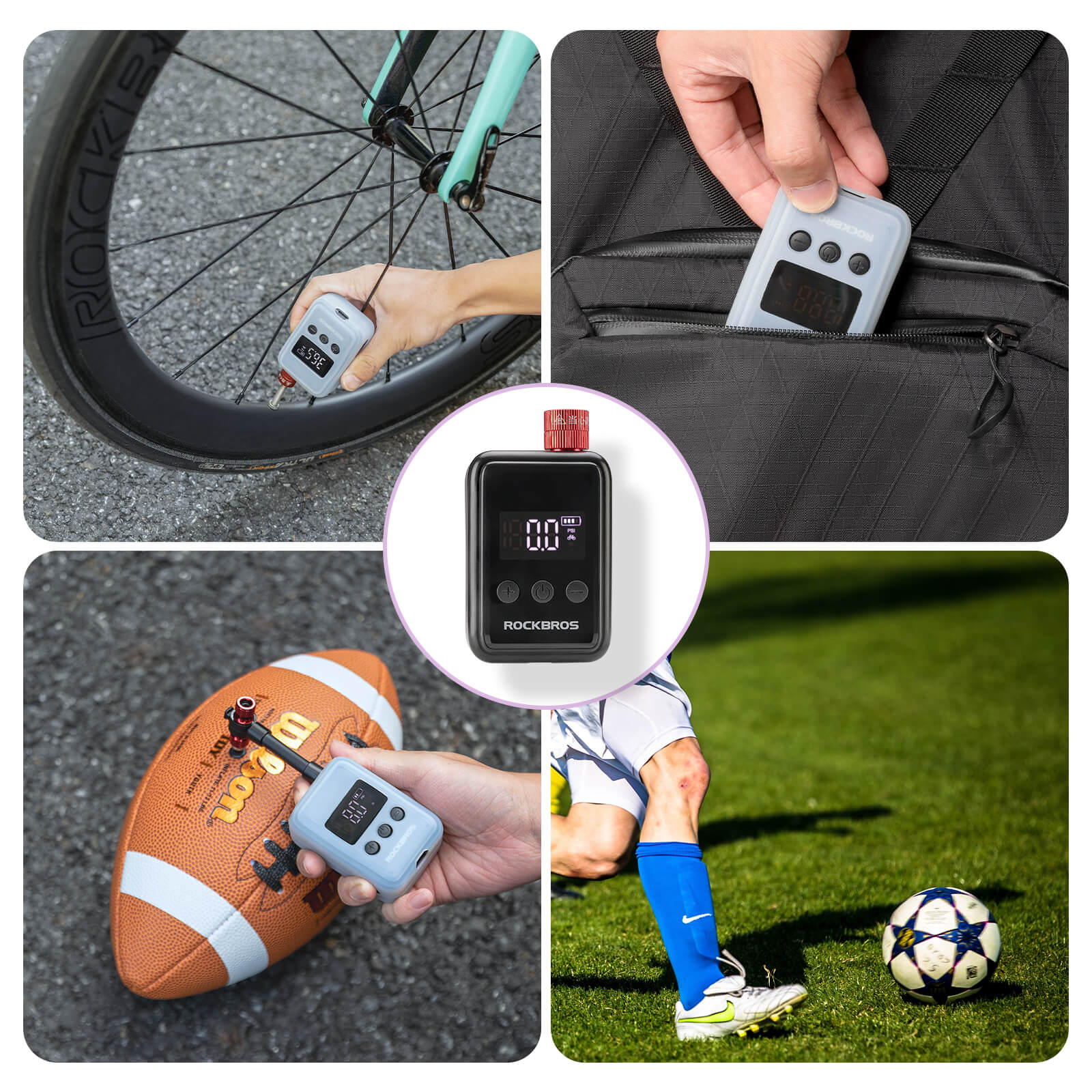 ROCKBROS electric bicycle pump, portable mini air pump with LED display, high-pressure inflation for cycling and outdoor use.
