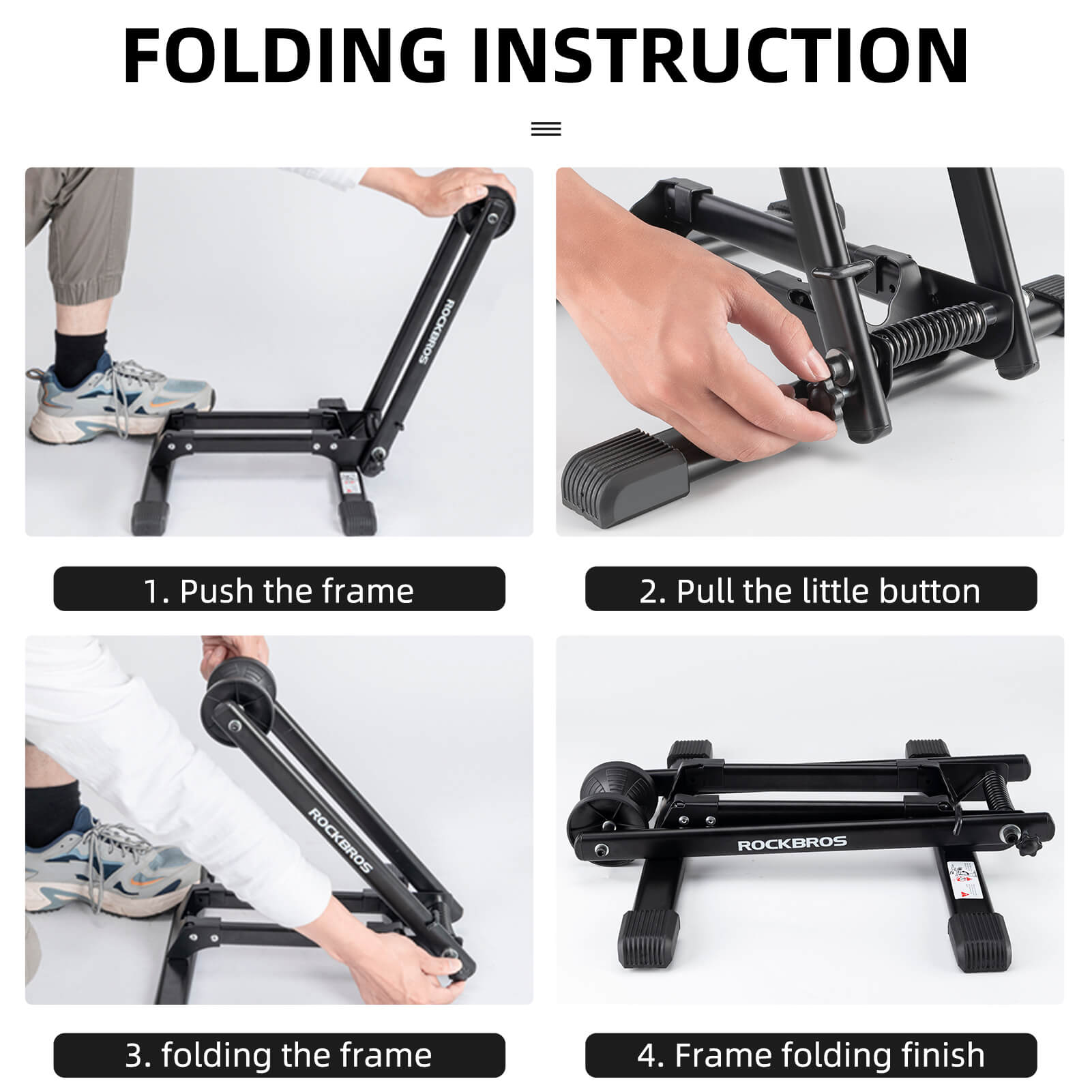 ROCKBROS foldable bike stand, portable bicycle parking rack in durable carbon steel, ideal for secure bike storage