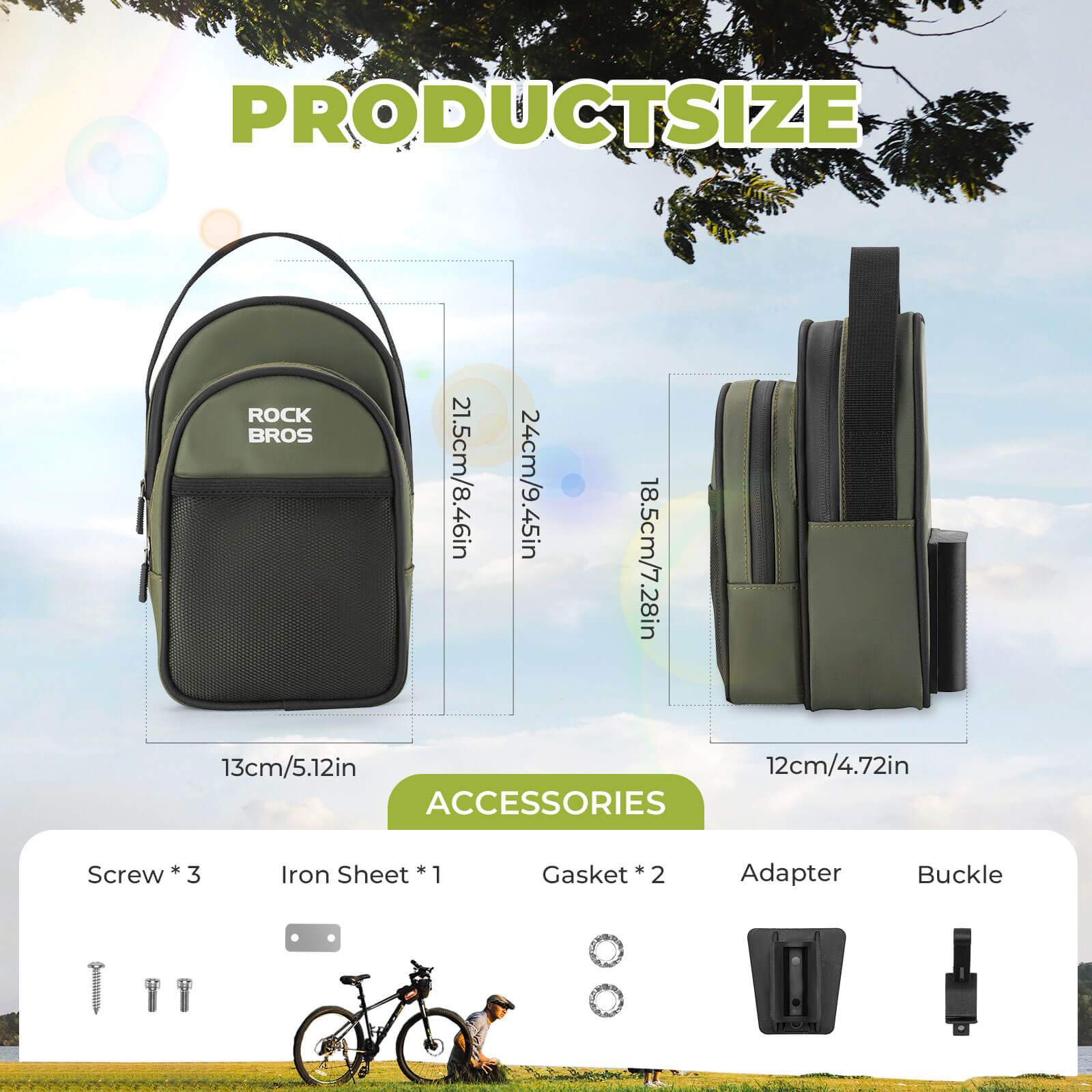 ROCKBROS Front Hanger Bag 1.8L – The Ultimate Storage Upgrade for Your Folding Bike! #Color_Green