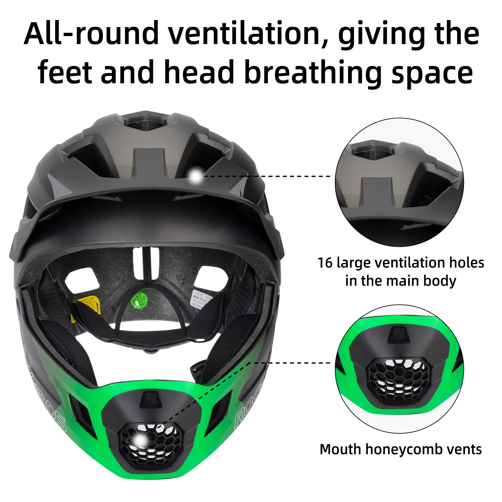 ROCKBROS Kids Helmet Safety Full Face Helmet for BMX MTB & Skateboard #Color_Green