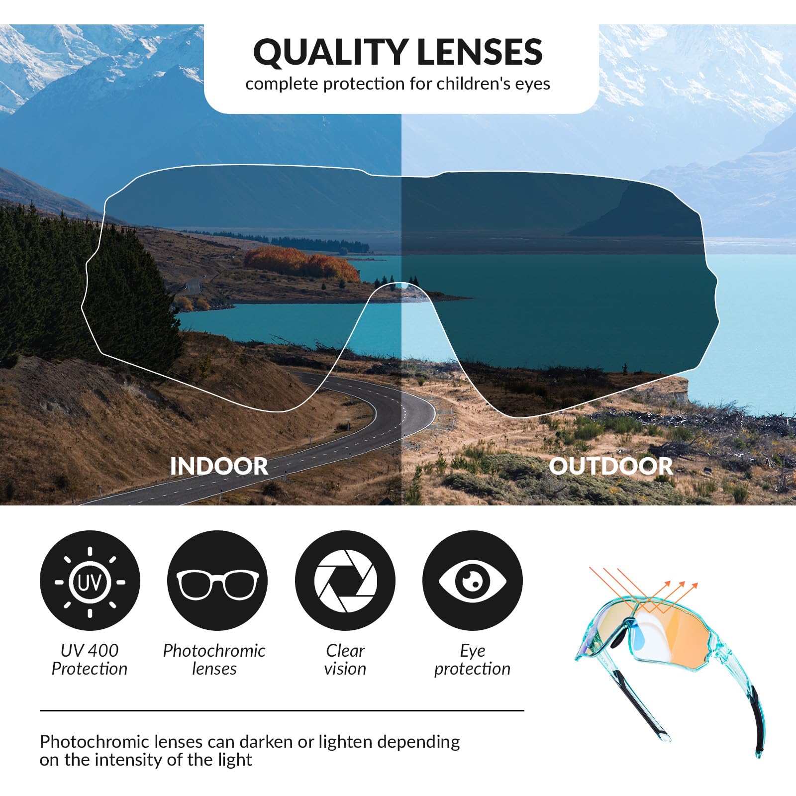 ROCKBROS Kids Photochromic Cycling Glasses UV400 Protection with TR90 Frame #Color_Transparent Blue