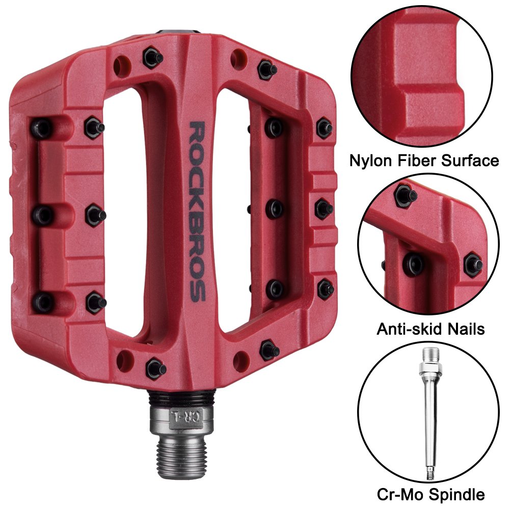 ROCKBROS Nylon Bike Pedals 9/16" Cycling Flat Pedals Widened Type #Color_Red
