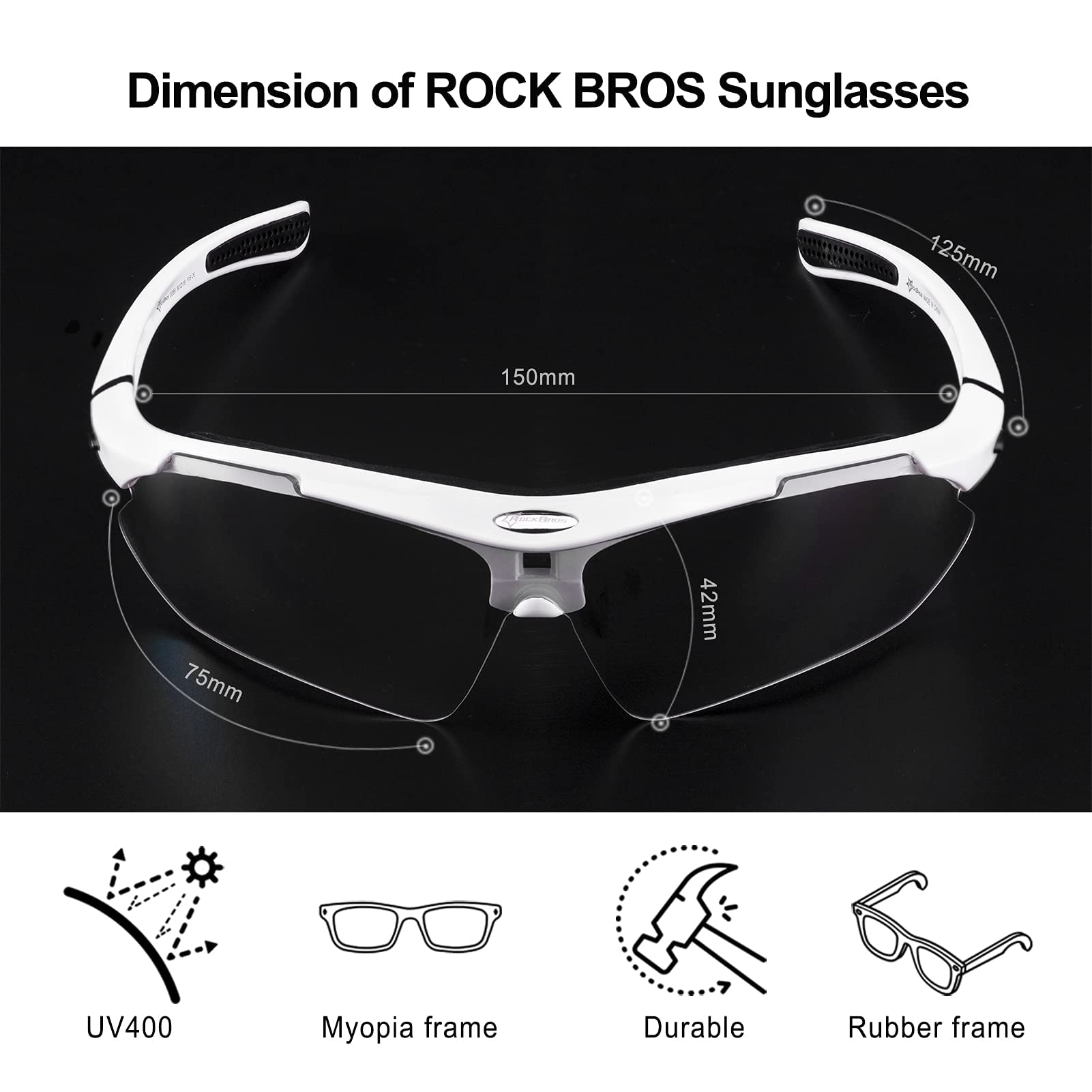 ROCKBROS Photochromic Outdoor Sport Sunglasses With Changeable Straps #Color_White