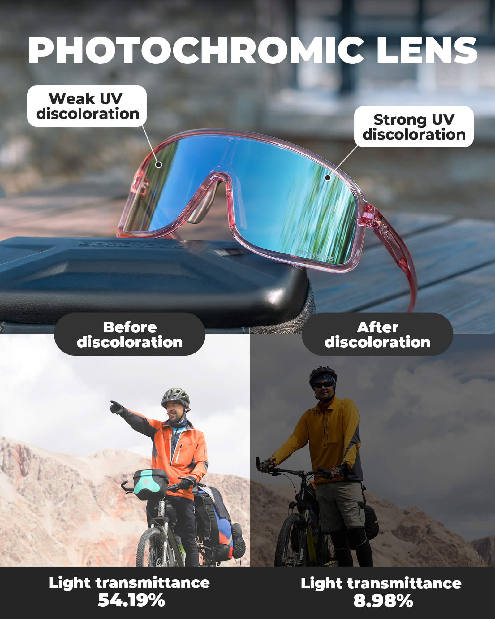 ROCKBROS-Photochromic-Sunglasses-TR90-Frame-Cycling-Glasses-UV400-Unisex-SP350 #Color_Pink