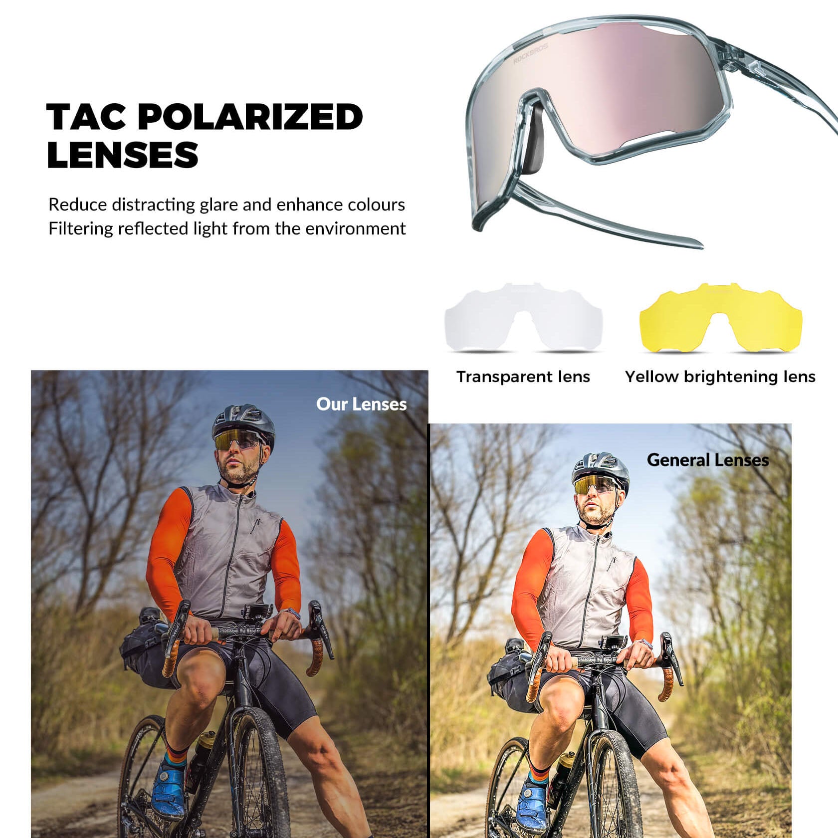 ROCKBROS polarized sunglasses, UV400 protection, transparent cycling glasses, windproof, TR90 frame, perfect for cycling and outdoor sports. #Color_Transparent gray/Polarized light pink