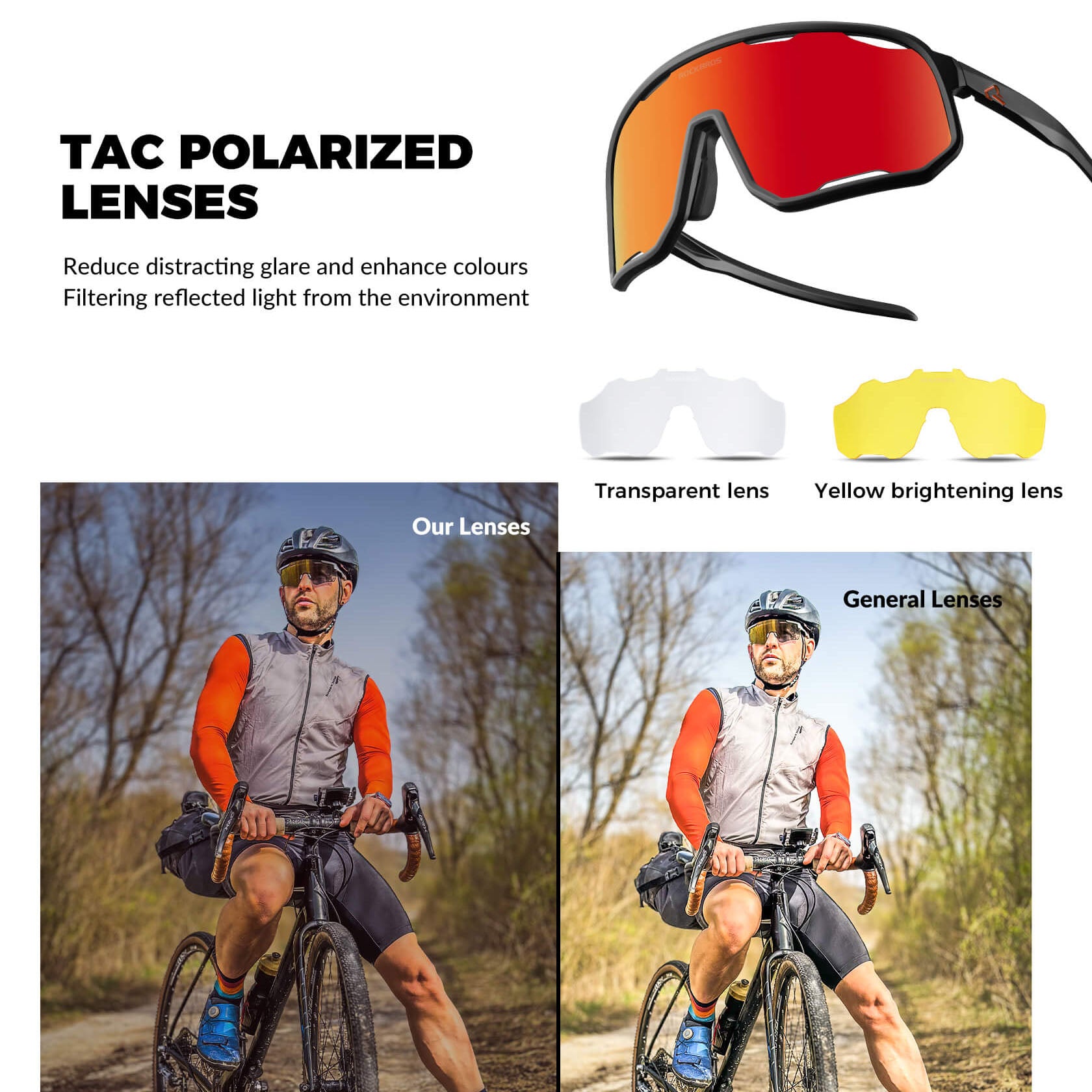 ROCKBROS polarized sunglasses, UV400 protection, transparent cycling glasses, windproof, TR90 frame, perfect for cycling and outdoor sports. #Color_Black sand/Polarized purple red