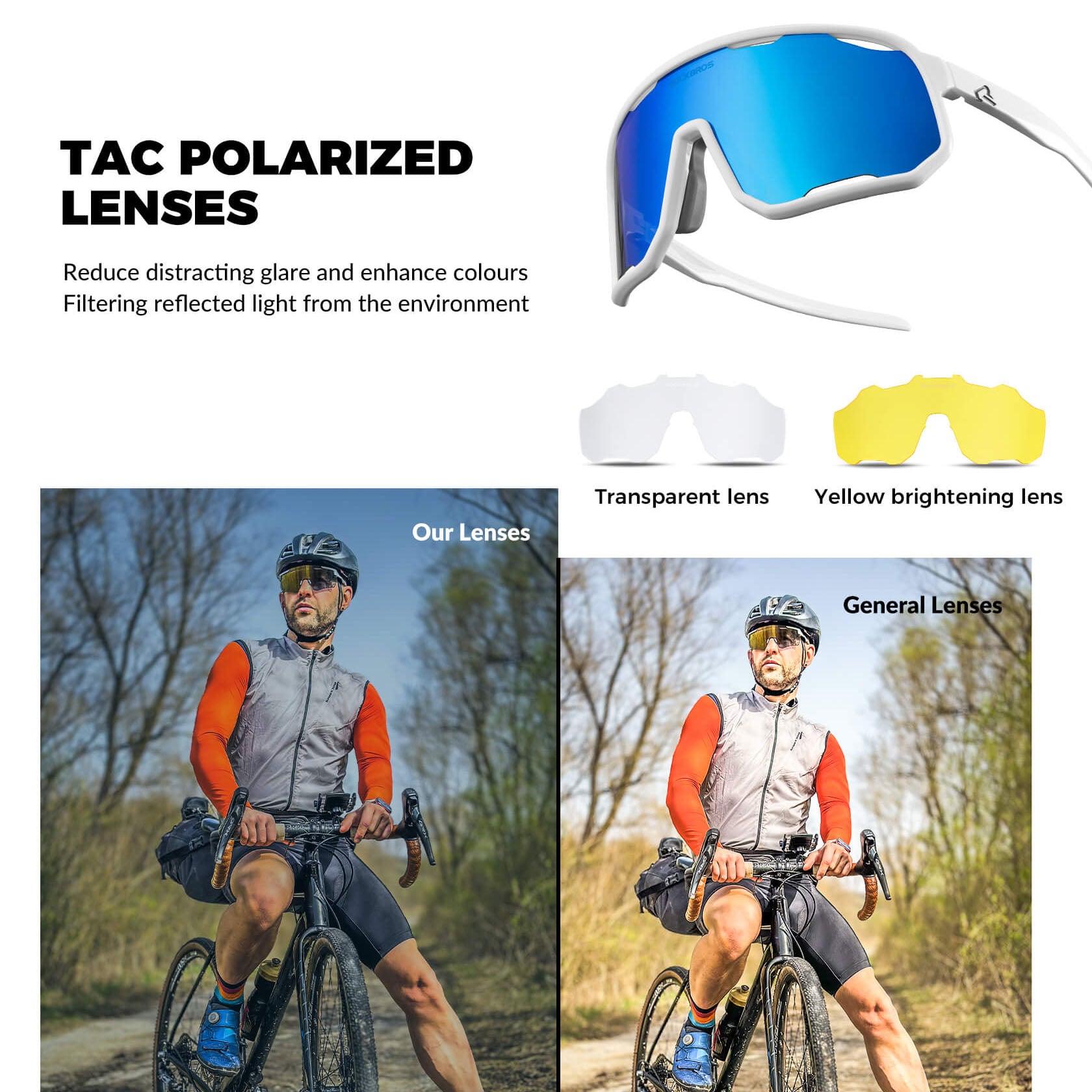 ROCKBROS polarized sunglasses, UV400 protection, transparent cycling glasses, windproof, TR90 frame, perfect for cycling and outdoor sports. #Color_Bright White/Polarized Ice Blue