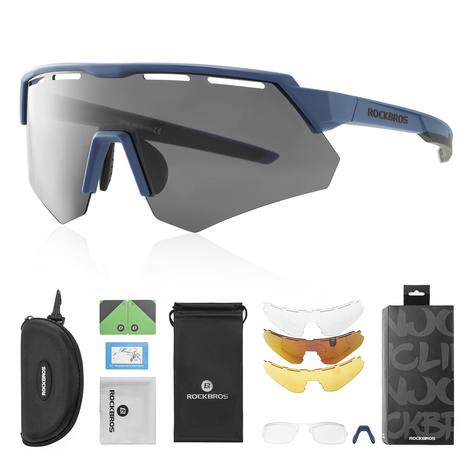 ROCKBROS Polarized Cycling Glasses with 4 Interchangeable Lenses #Color_Blue