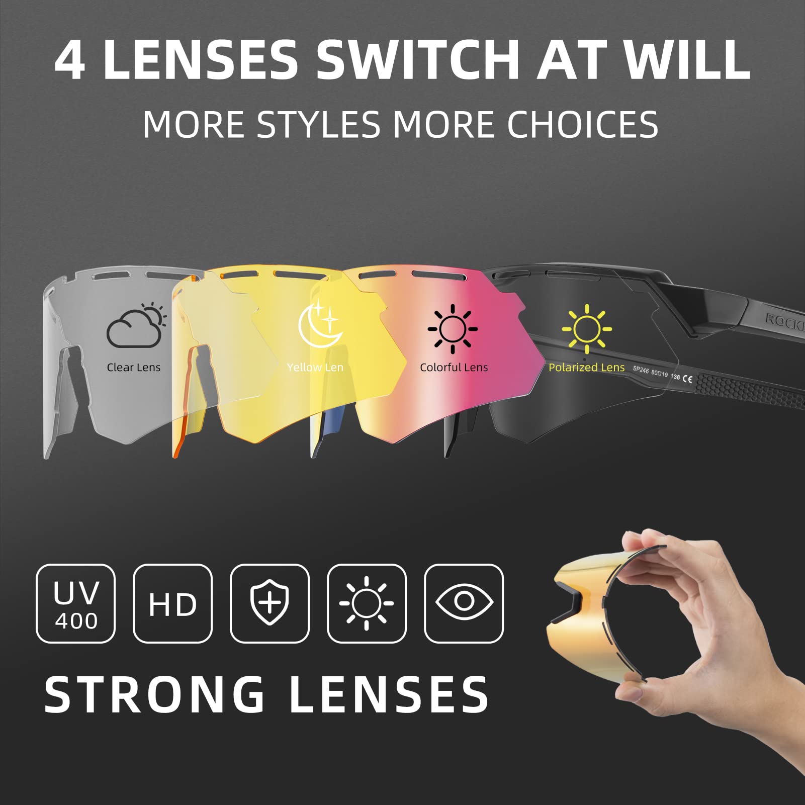 ROCKBROS Polarized Cycling Glasses with 4 Interchangeable Lenses #Color_Blue