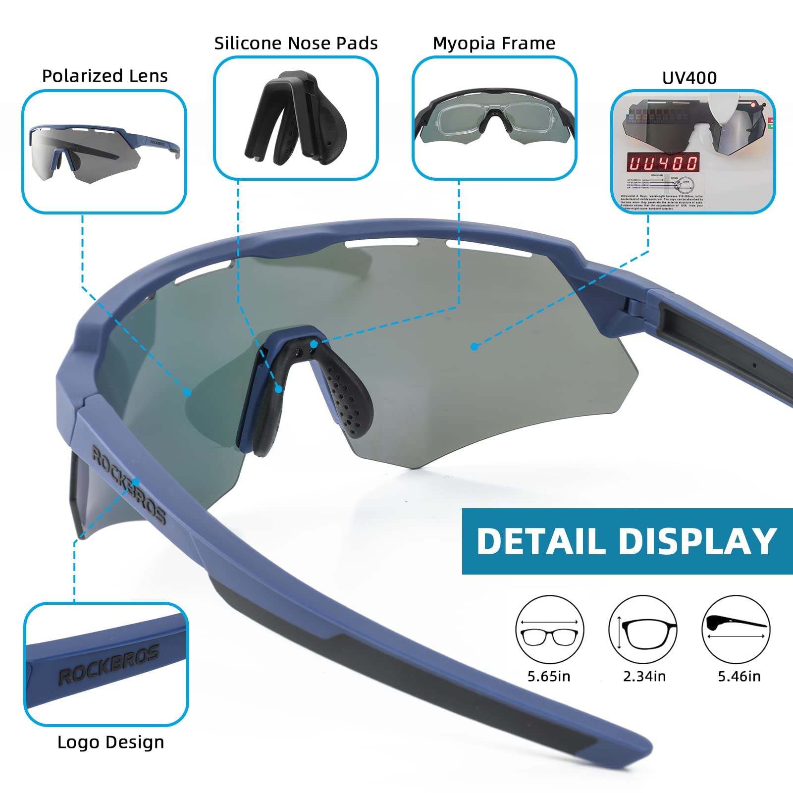 ROCKBROS Polarized Cycling Glasses with 4 Interchangeable Lenses #Color_Blue