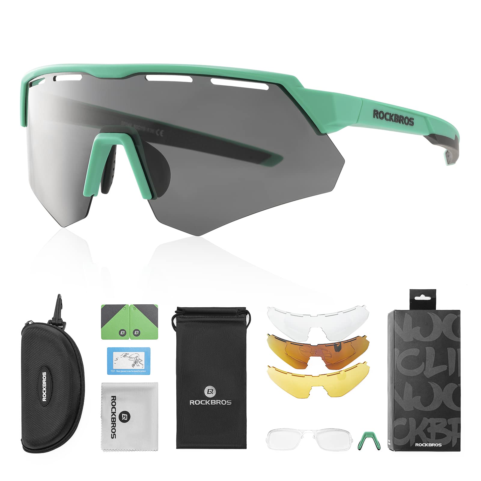 ROCKBROS Polarized Cycling Glasses with 4 Interchangeable Lenses #Color_Green