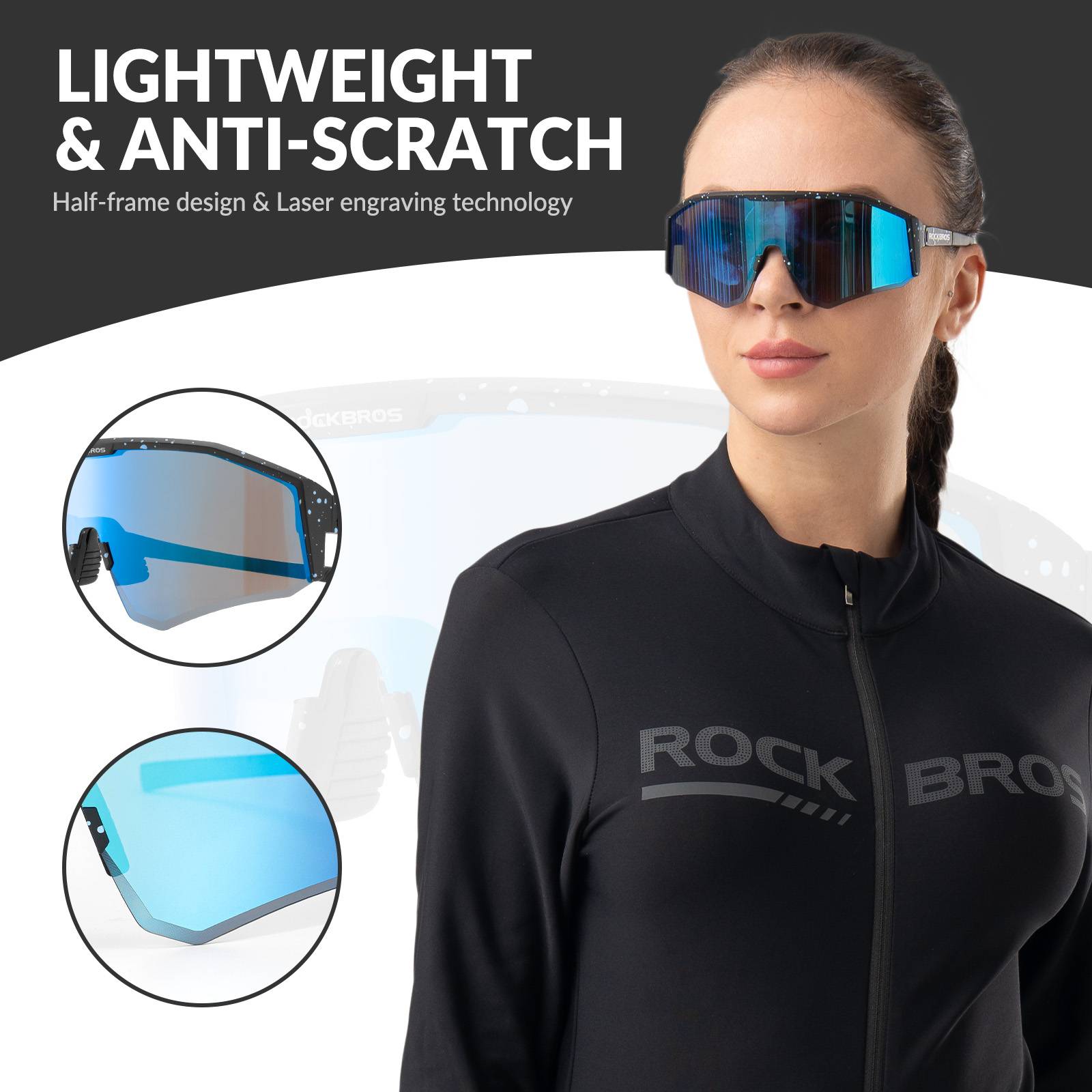 ROCKBROS Polarized Sports Glasses Adjustable Temple TAC Lenses + TR90 #Color_Black