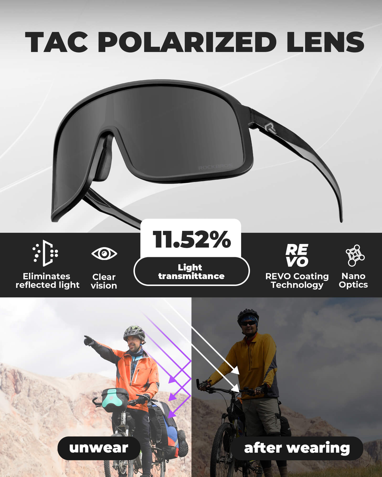 ROCKBROS polarized sunglasses, TR90 frame, UV400 protection, unisex cycling glasses, SP350 model in black. #Color_Black