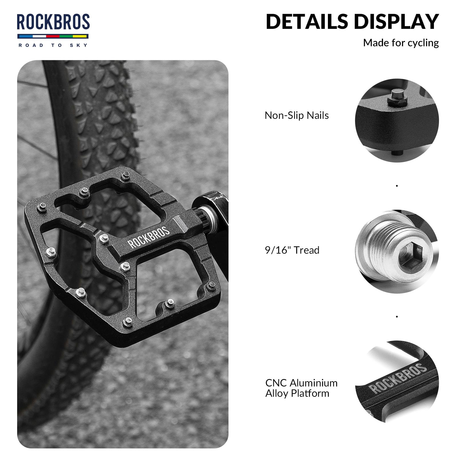 ROCKBROS Road-to-Sky Bicycle Pedals 9/16 Inch Aluminum Alloy Non-Slip