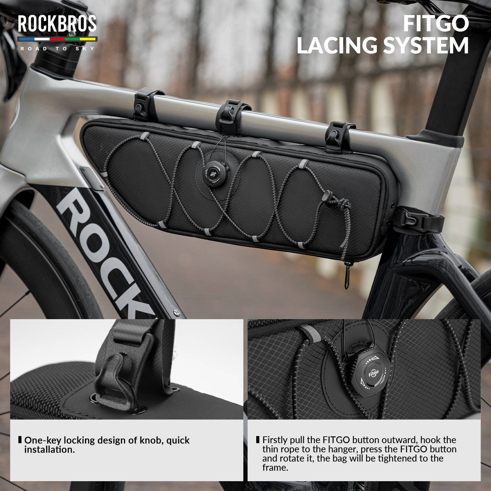 ROCKBROS Road-to-Sky Bike Frame Bag Reflective Waterproof Triangular Bag #Color_Black
