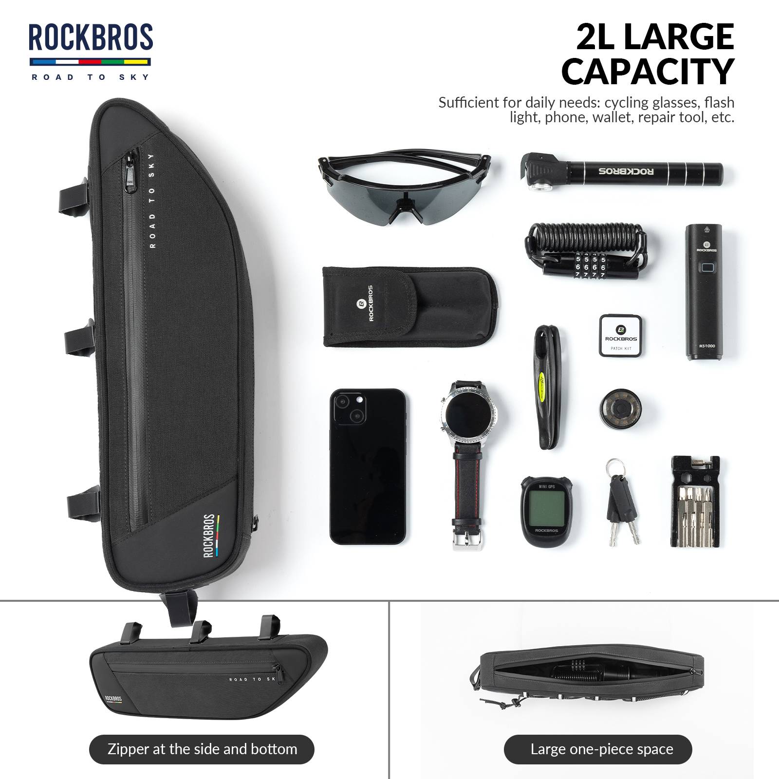 ROCKBROS Road-to-Sky Bike Frame Bag Reflective Waterproof Triangular Bag #Color_Black