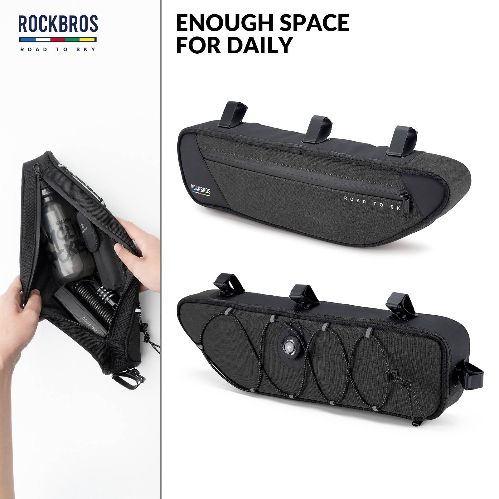 ROCKBROS Road-to-Sky Bike Frame Bag Reflective Waterproof Triangular Bag #Color_Black