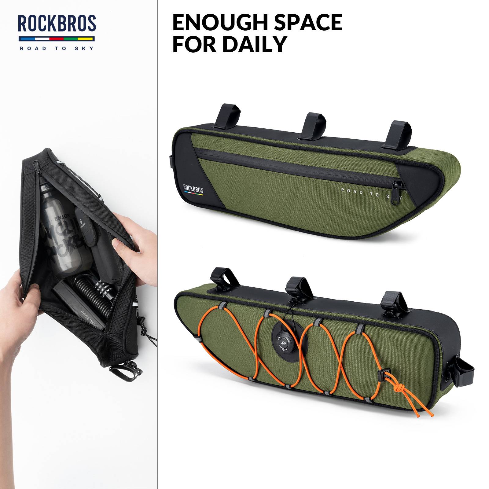 ROCKBROS Road-to-Sky Bike Frame Bag Reflective Waterproof Triangular Bag #Color_Army Green