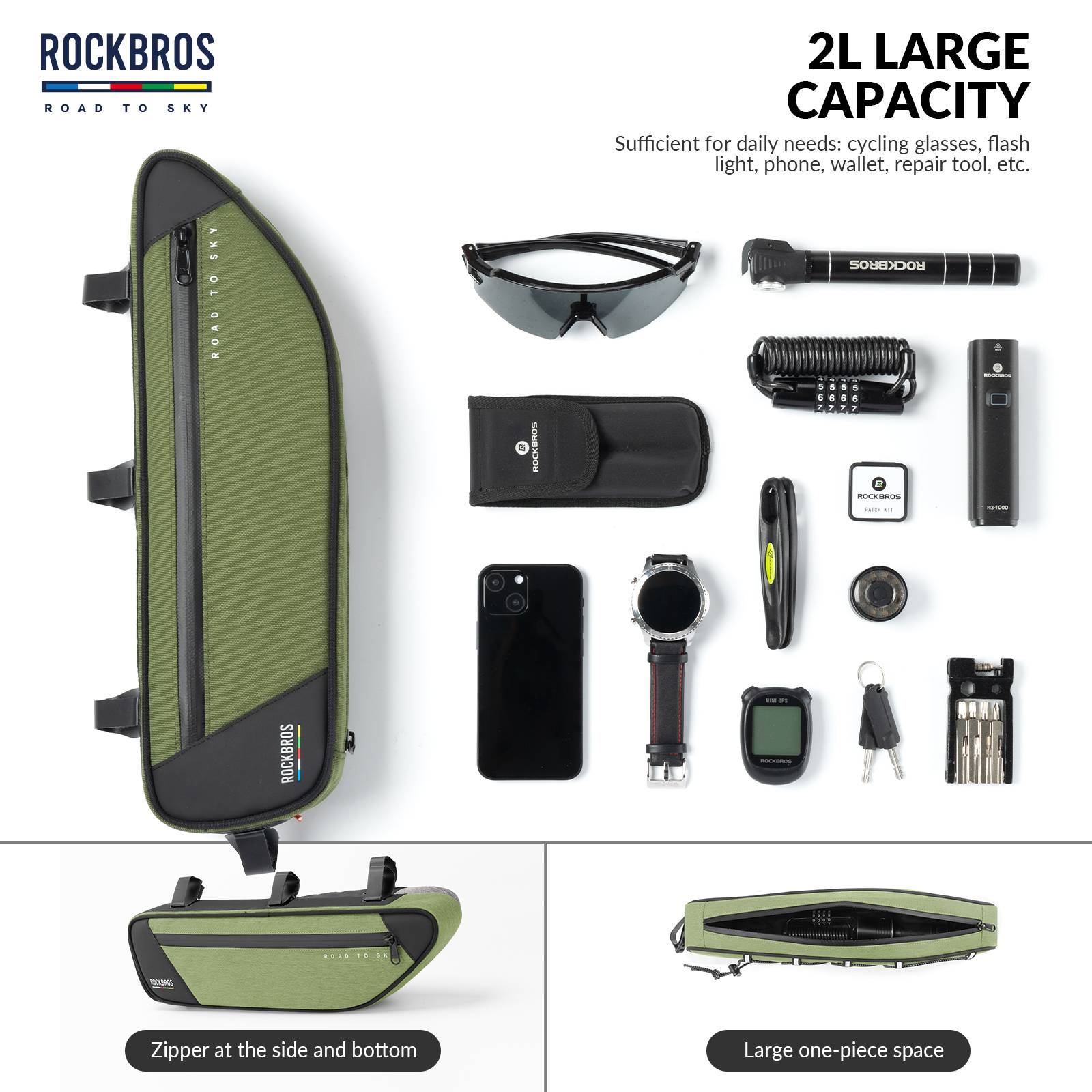 ROCKBROS Road-to-Sky Bike Frame Bag Reflective Waterproof Triangular Bag #Color_Army Green